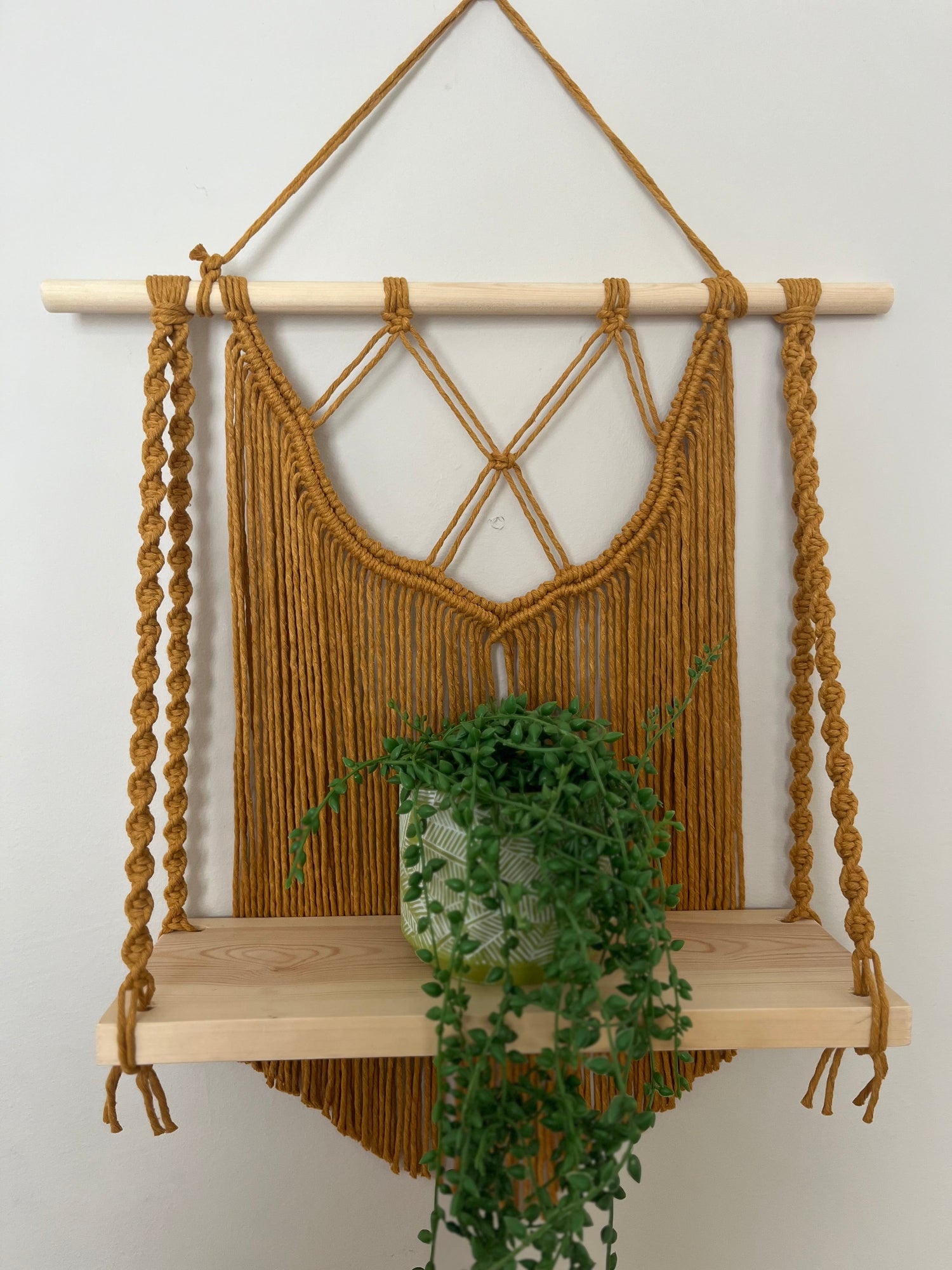 Boho style macrame wall hanging shelf, made with recycled cotton in mustard yellow. A small green plant sits on the shelf.