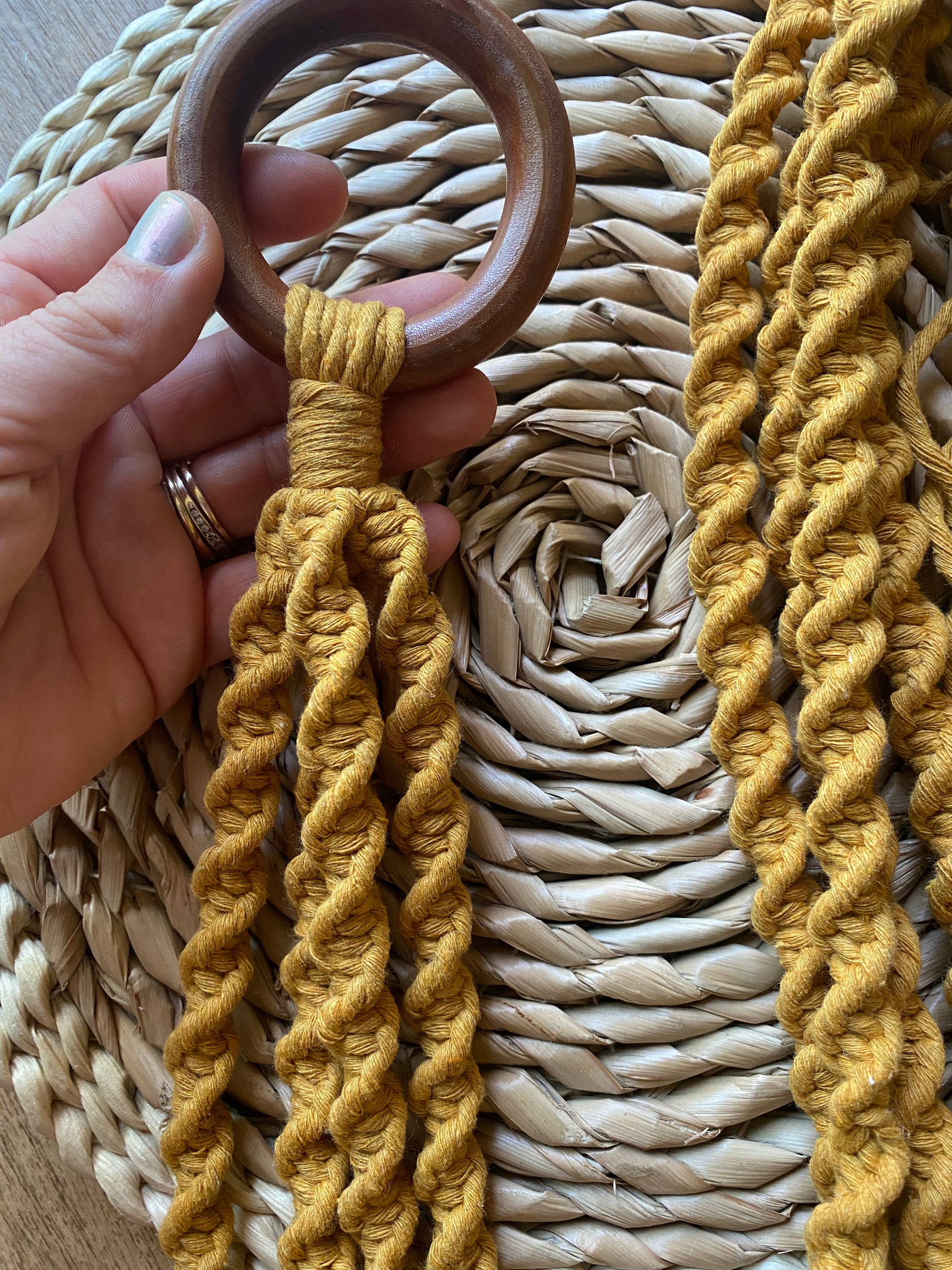 Macra-Made With Love macrame plant hanger mustard flat top detail