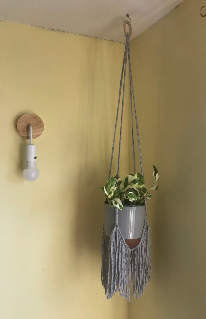 Macra-Made With Love fringed macrame plant hanger grey