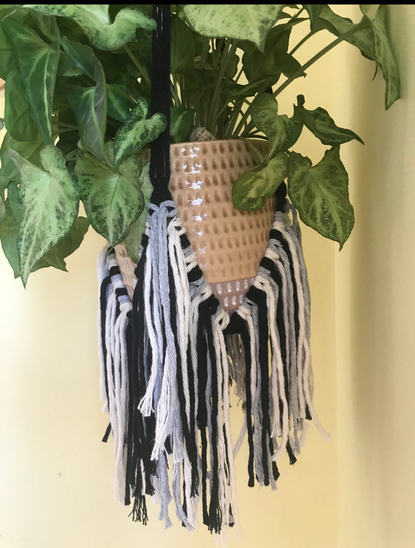 Macra-Made With Love fringed macrame plant hanger monochrome bottom