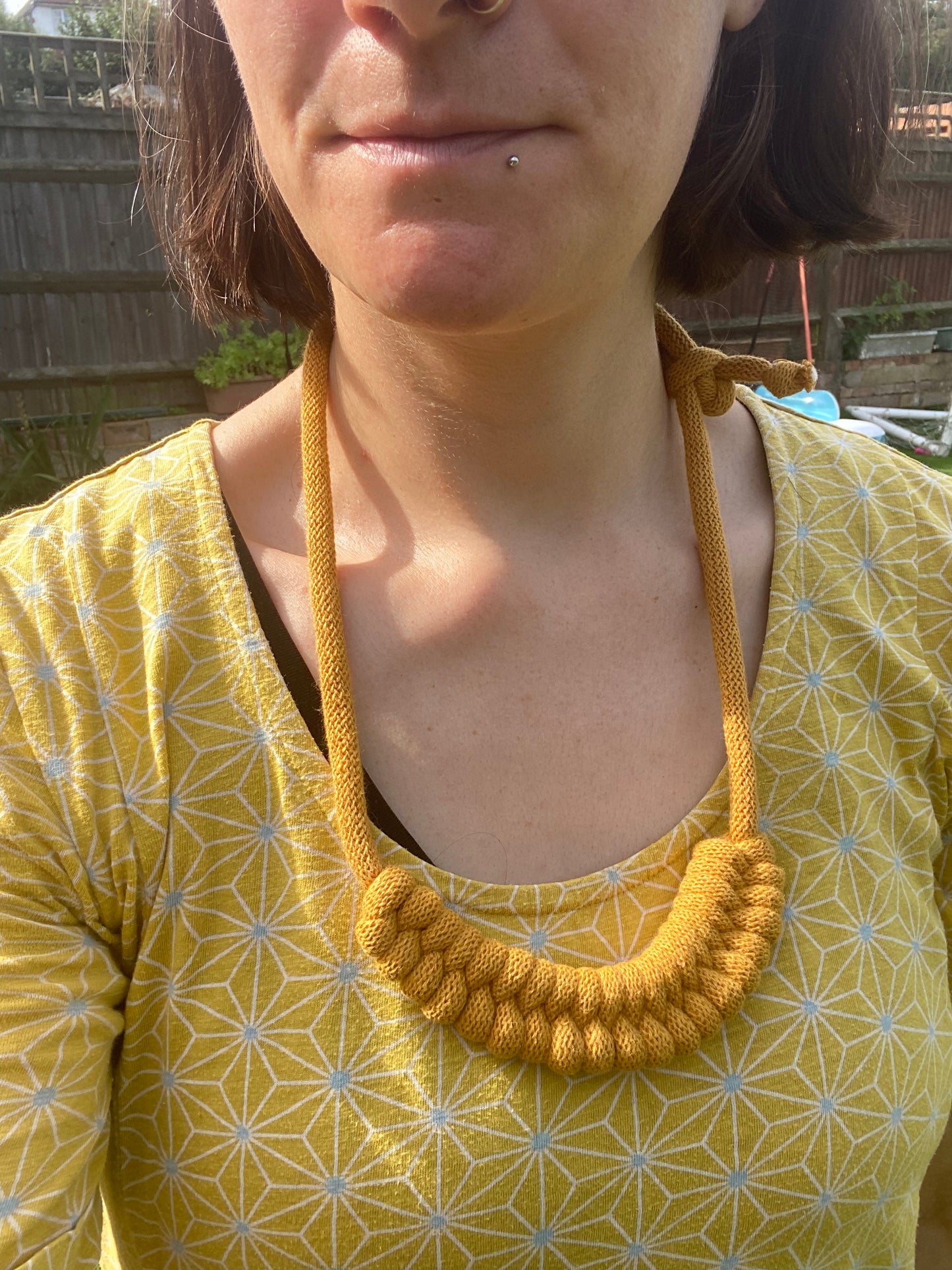 Macra-Made With Love rope necklace mustard worn outside