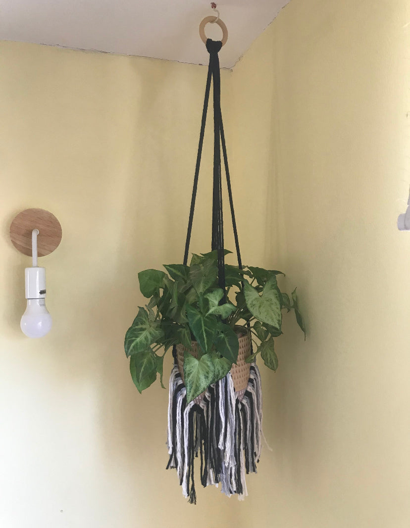 Macra-Made With Love fringed macrame plant hanger monochrome