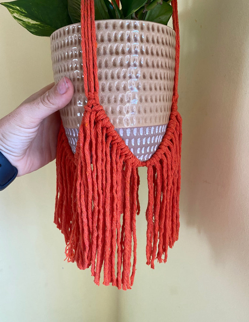 Macra-Made With Love fringed macrame plant hanger orange bottom