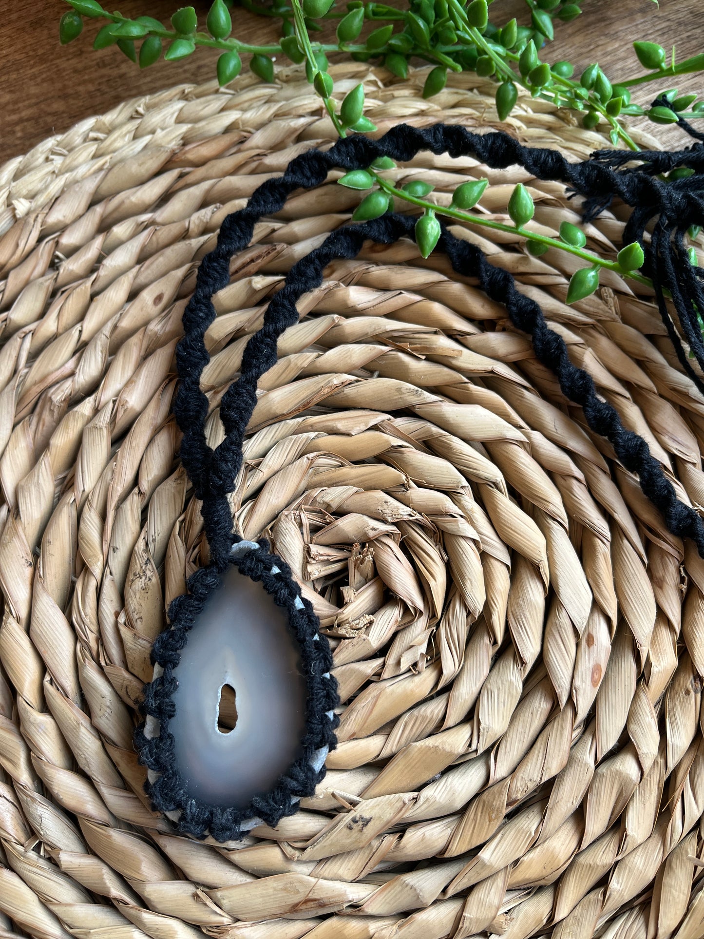 Black macrame necklace with natural agate slice