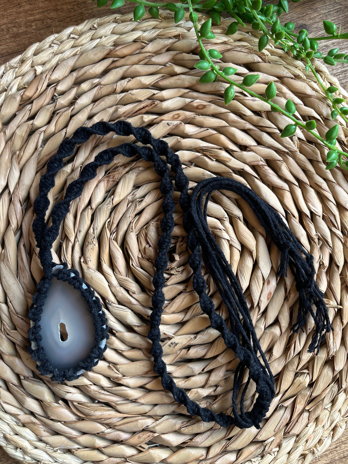 Black macrame necklace with natural agate slice