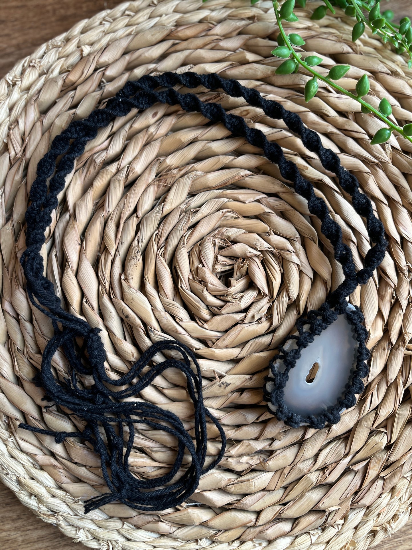 Black macrame necklace with natural agate slice