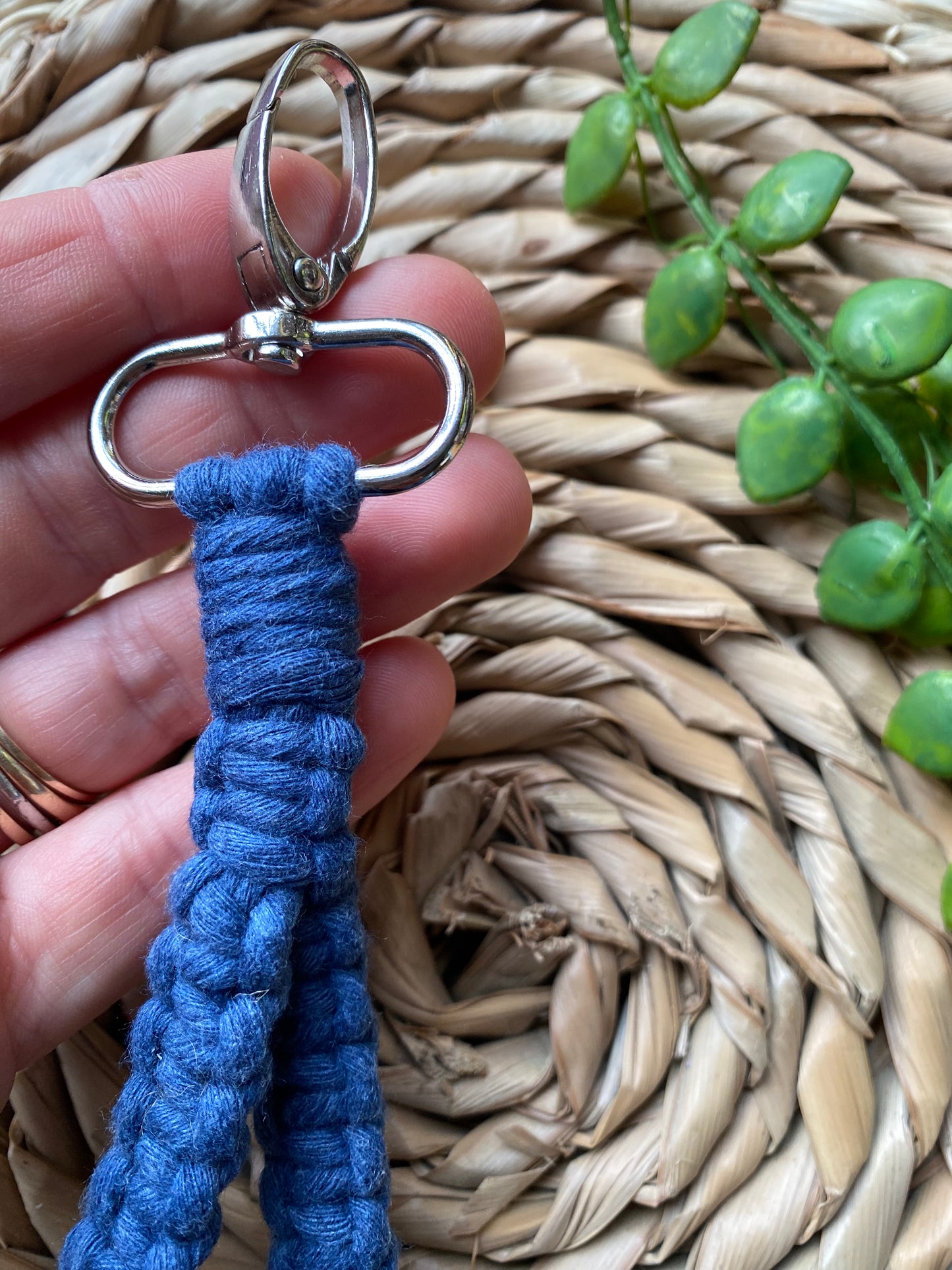 Macra-Made With Love wristlet keychain jeans blue clasp in hand