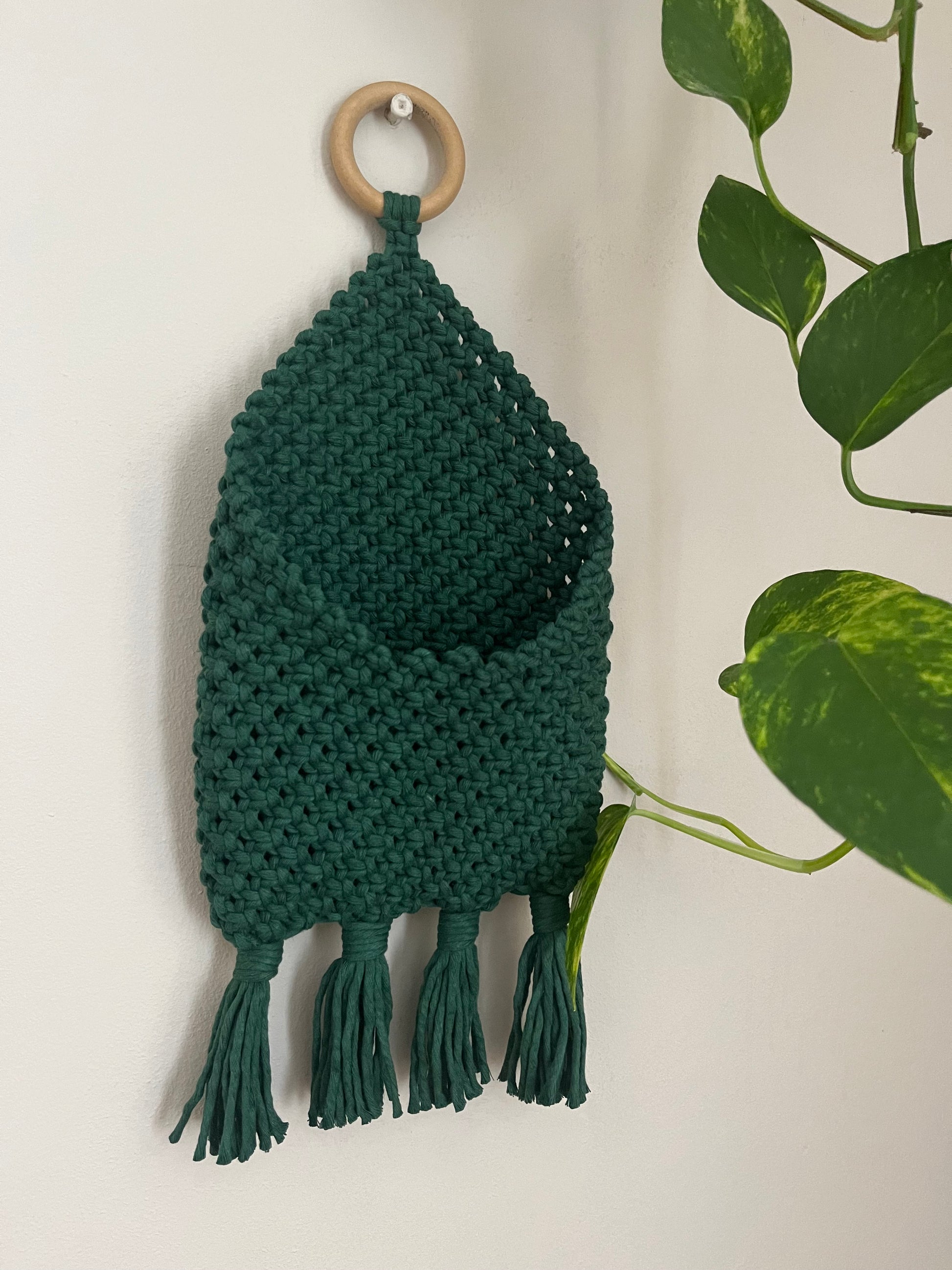 A green, handwoven Bedside storage pouch book sleeve by Macra-Made-With-Love, made from recycled cotton decor, is mounted on a white wall. It features a storage pouch and is suspended from a round wooden hoop. The bottom of the hanging has five long, fringed tassels. A green leafy plant is visible to the right, partially in the frame.