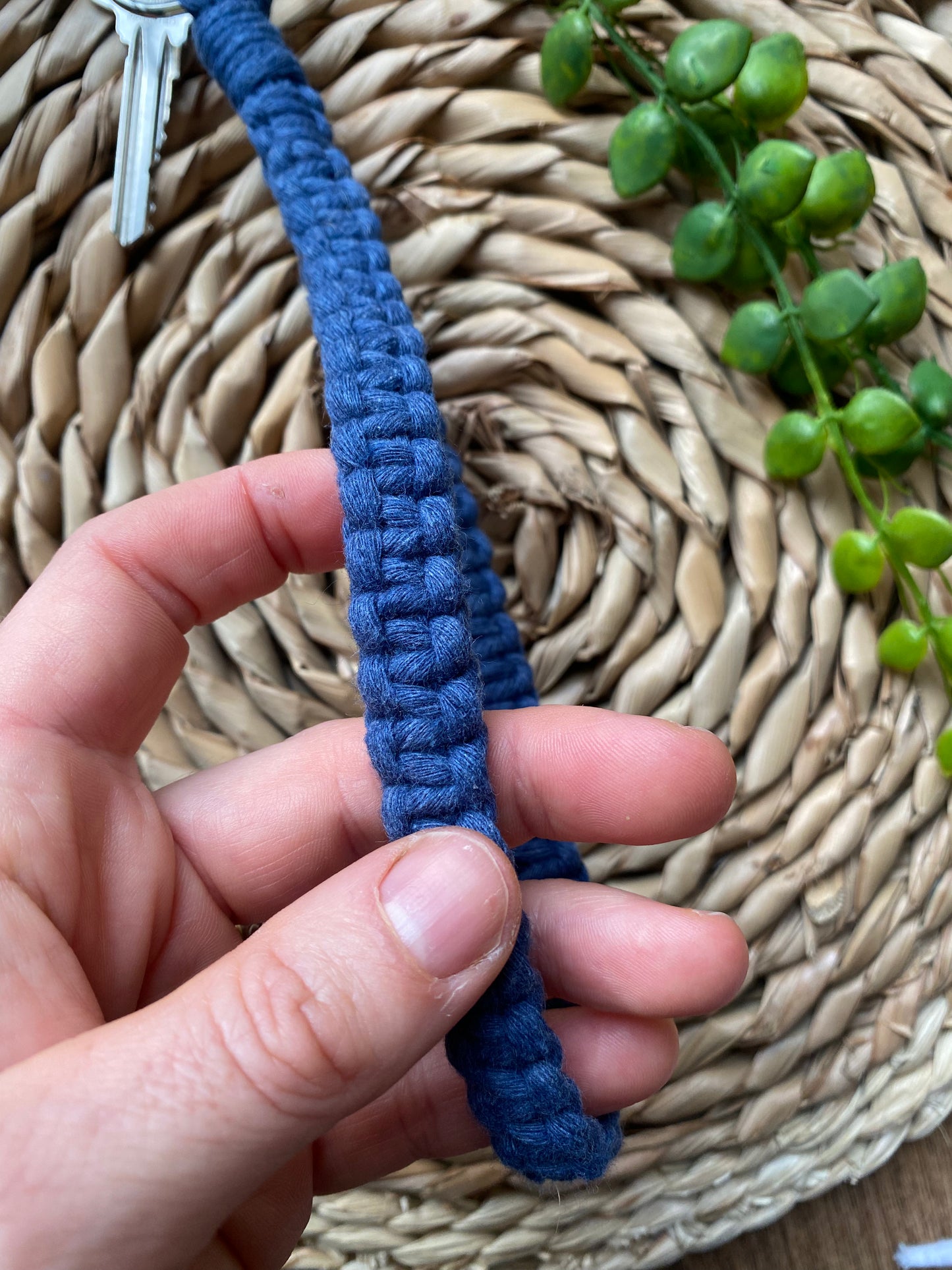 Macra-Made With Love wristlet keychain jeans blue in hand