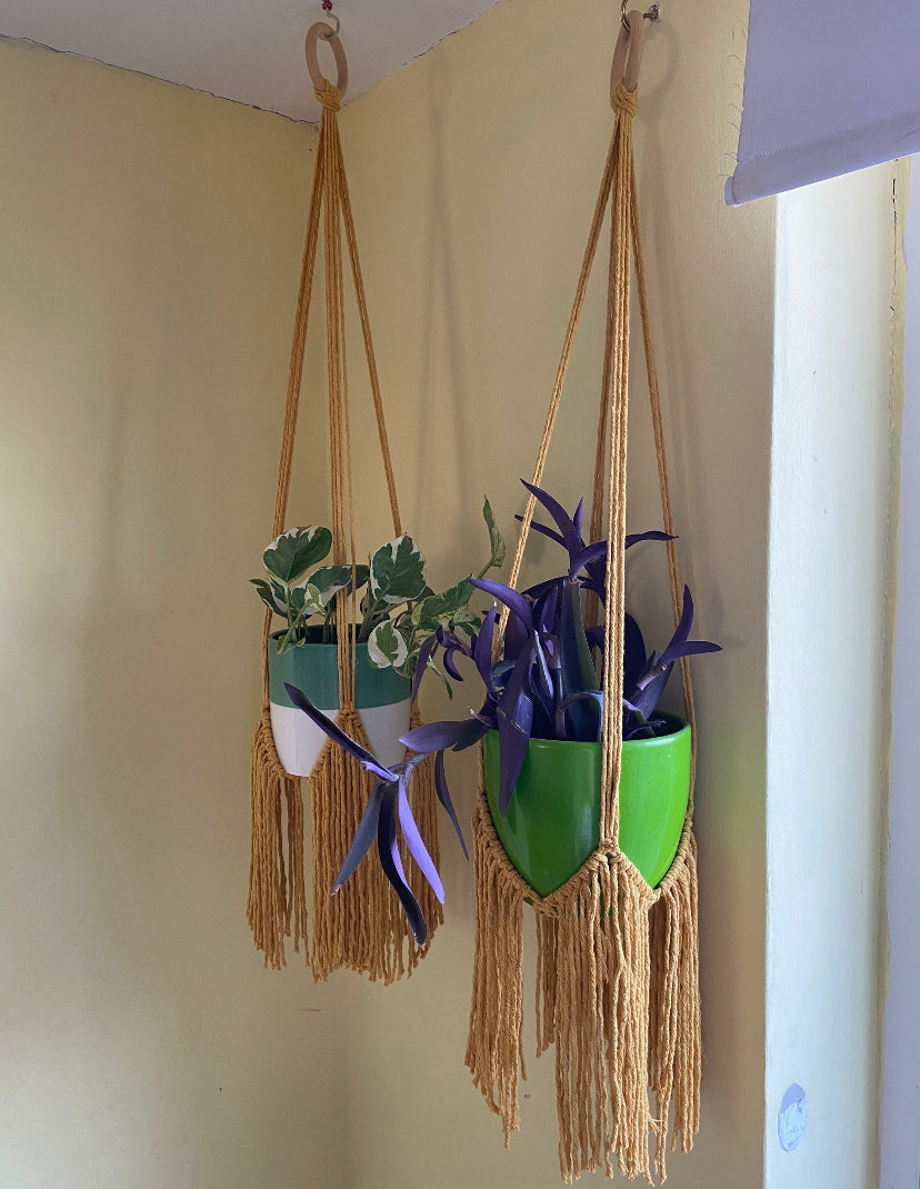 Macra-Made With Love fringed macrame plant hanger mustard