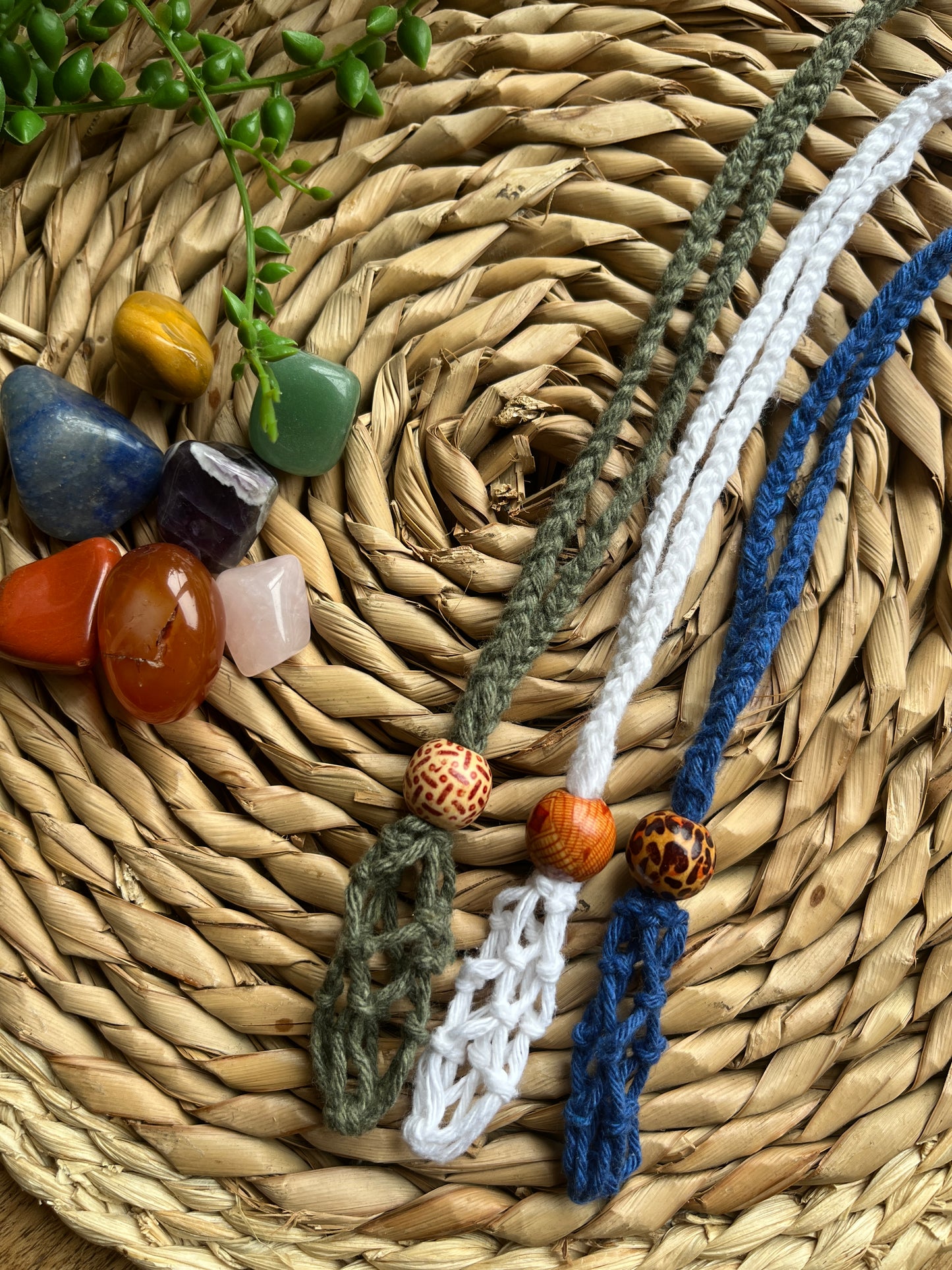Macrame Gemstone Holder empty net pouch made with eco friendly recycled cotton and a Wooden bead