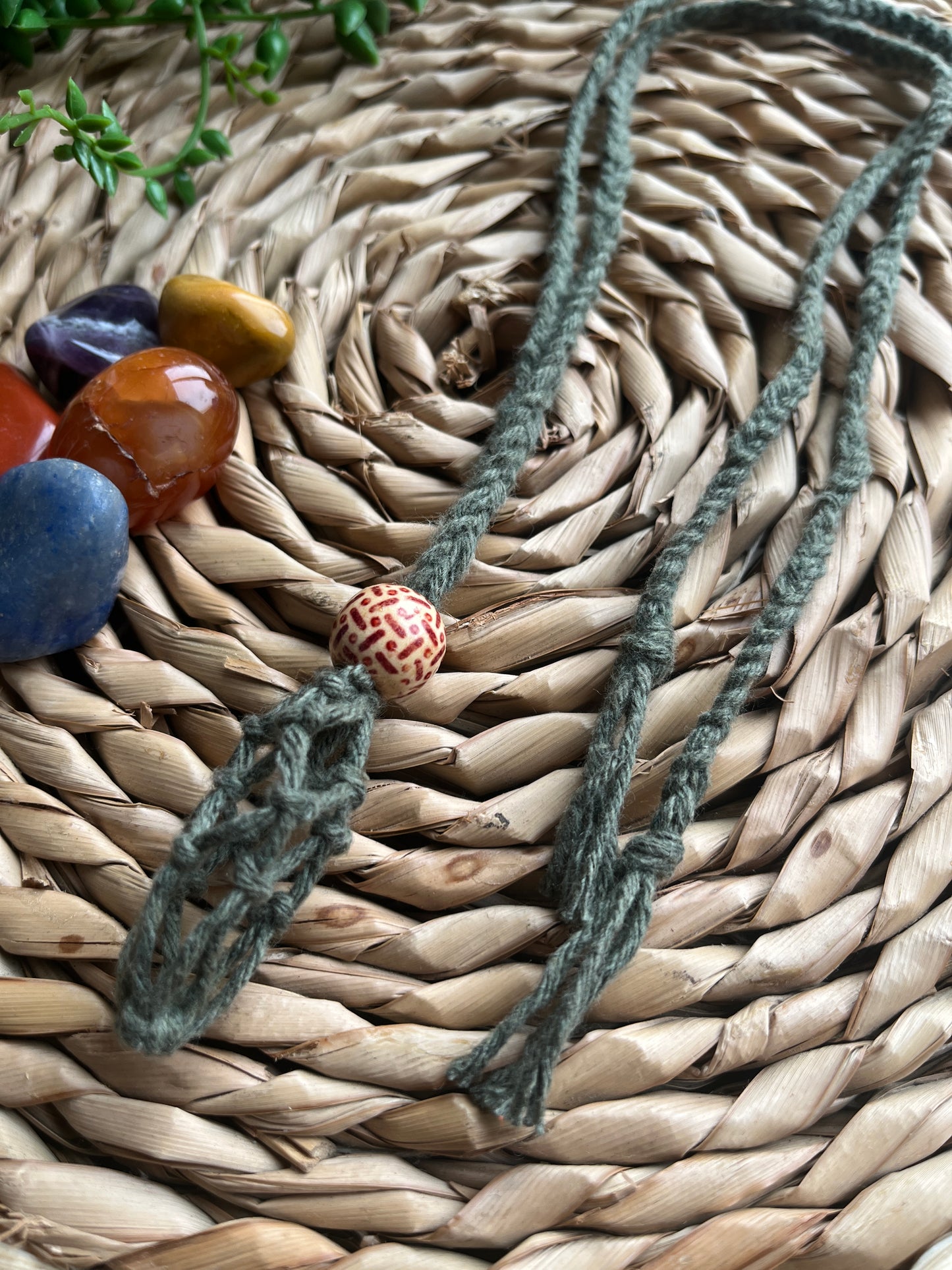 Green Macrame Gemstone Holder empty net pouch made with eco friendly recycled cotton and a Wooden bead