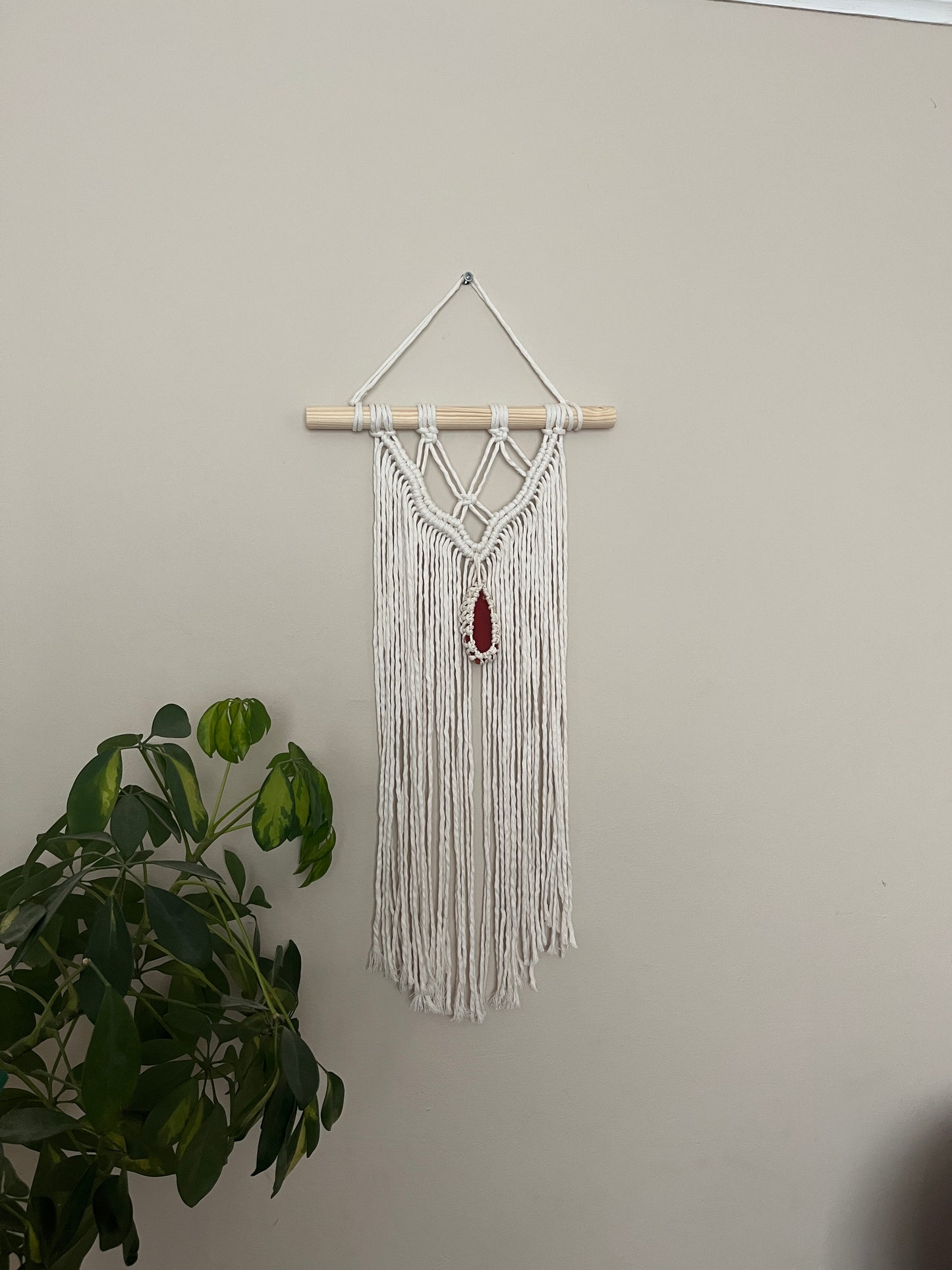 Macrame Wall Hanging, made with natural recycled cotton yarn on a wooden dowel, featuring a red agate slice. Displayed hanging against a plain painted wall, with a green plant visible in the bottom left corner.