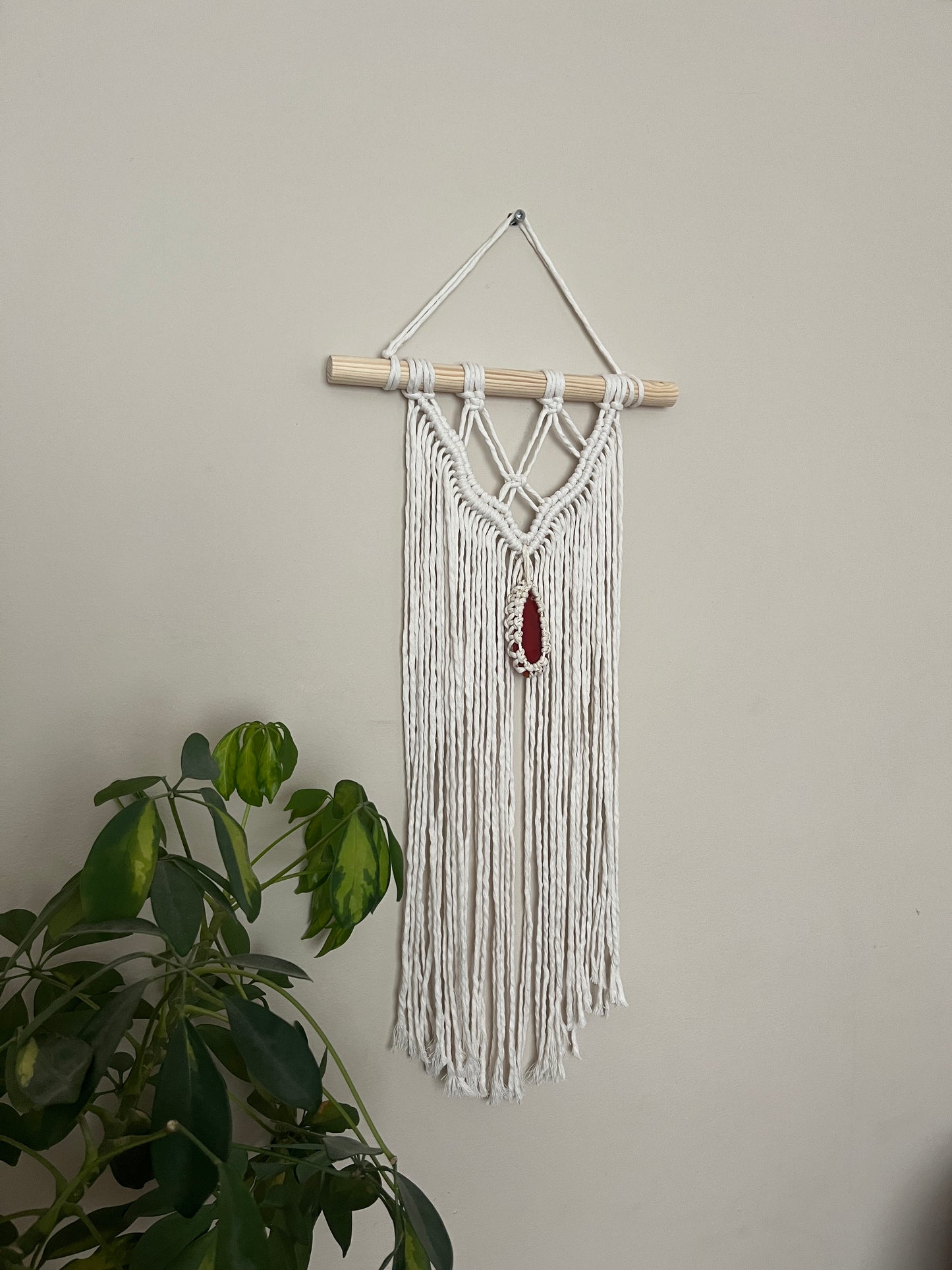 Macrame Wall Hanging, made with natural recycled cotton yarn on a wooden dowel, featuring a red agate slice. Displayed hanging against a plain painted wall, with a green plant visible in the bottom left corner.