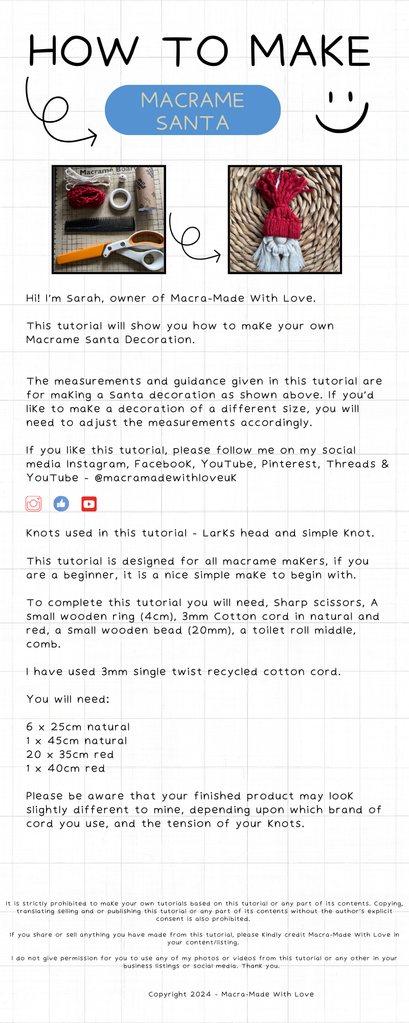 A page of text about making a Macrame Santa hanging decoration, the page is white, the text is black, and there are two images at the top of the page.