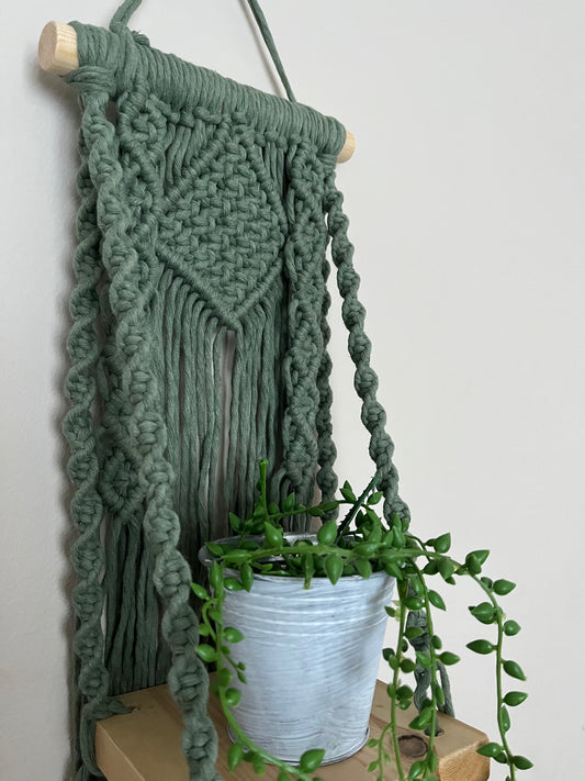 Handmade macrame boho style shelf, made with sage green recycled cotton on a solid wooden dowel, with a small square shelf. The shelf has an intricately knotted pattern, and displays a small artificial plant.