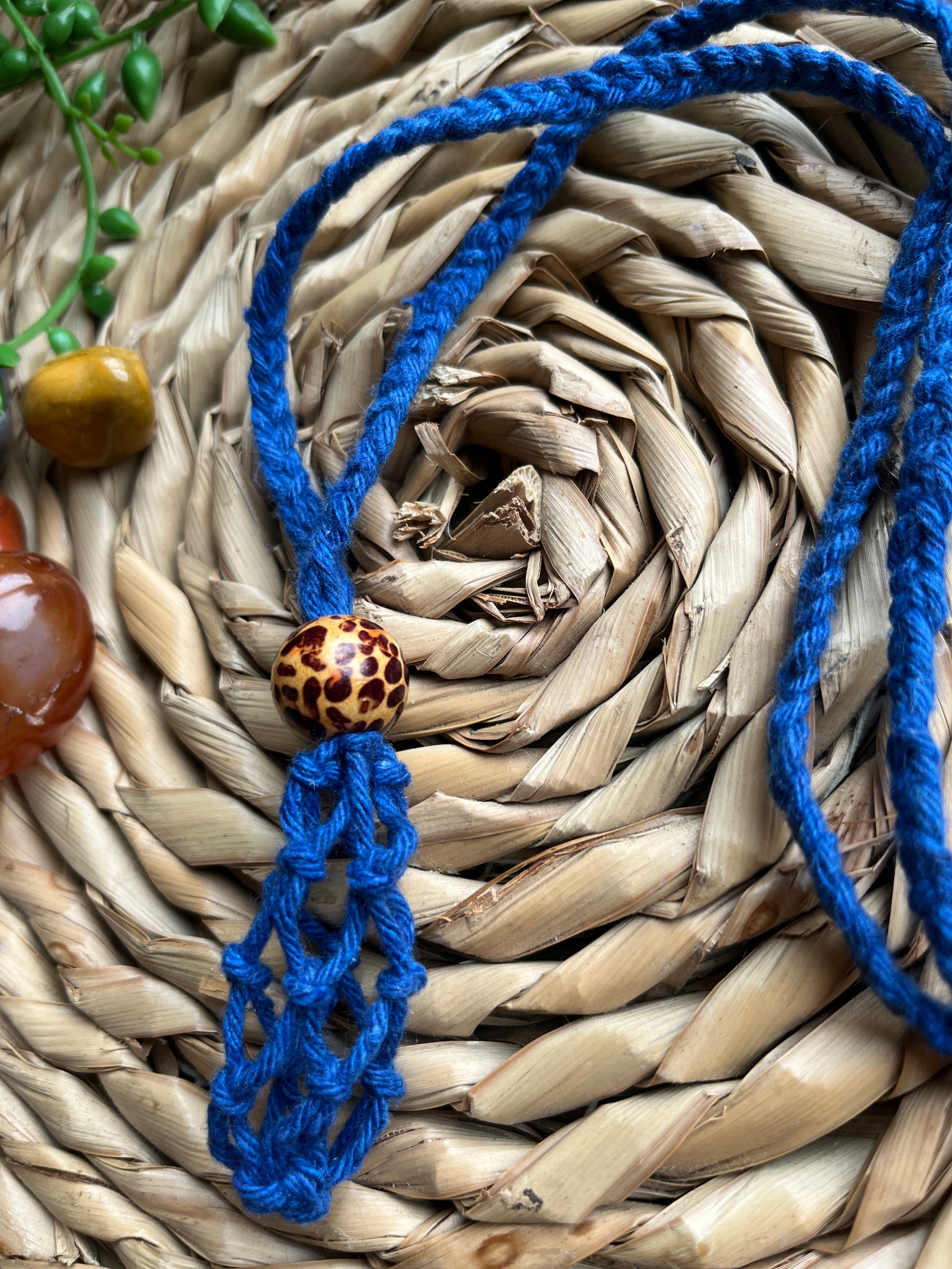 Macrame Gemstone Holder empty net pouch made with blue eco friendly recycled cotton and a Wooden bead