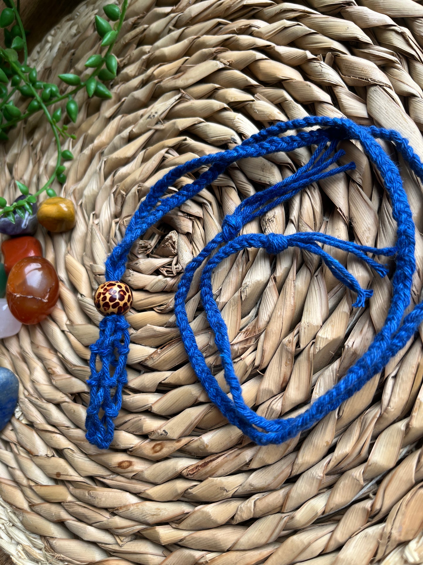 Macrame Gemstone Holder empty net pouch made with blue eco friendly recycled cotton and a Wooden bead