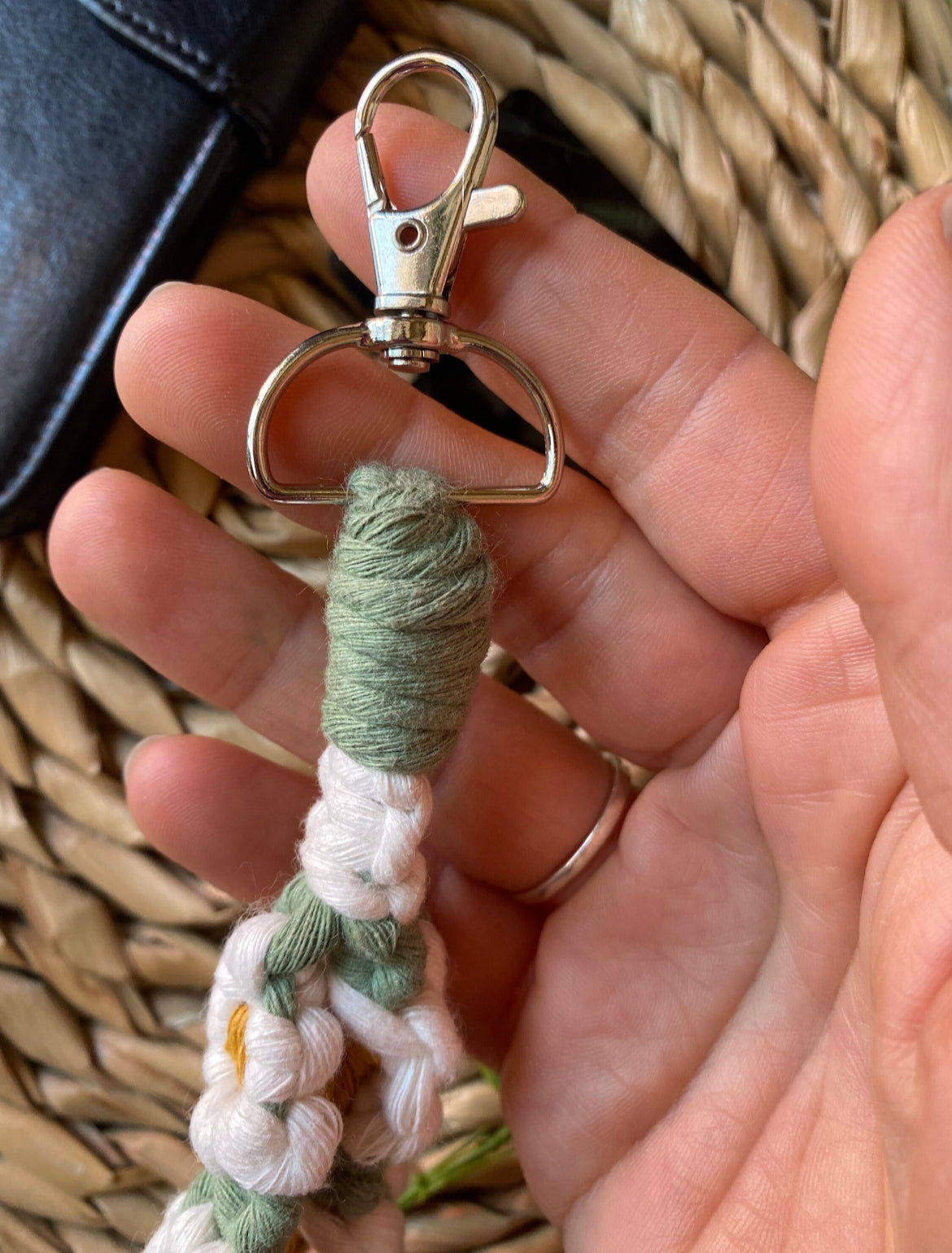 handmade macrame daisy chain wristlet keychain with metal lobster clasp
