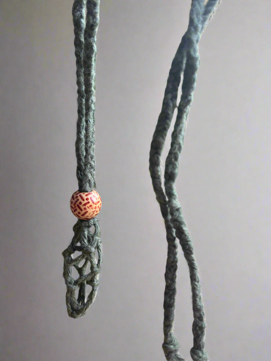 Macrame Gemstone Holder empty net pouch made with green eco friendly recycled cotton and a Wooden bead