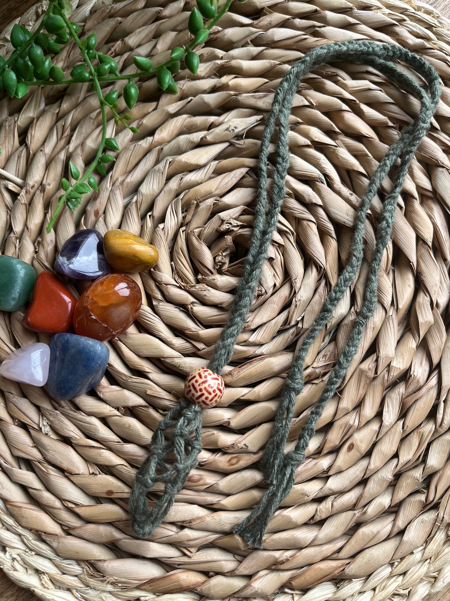 Macrame Gemstone Holder empty net pouch made with eco friendly recycled cotton and a Wooden bead