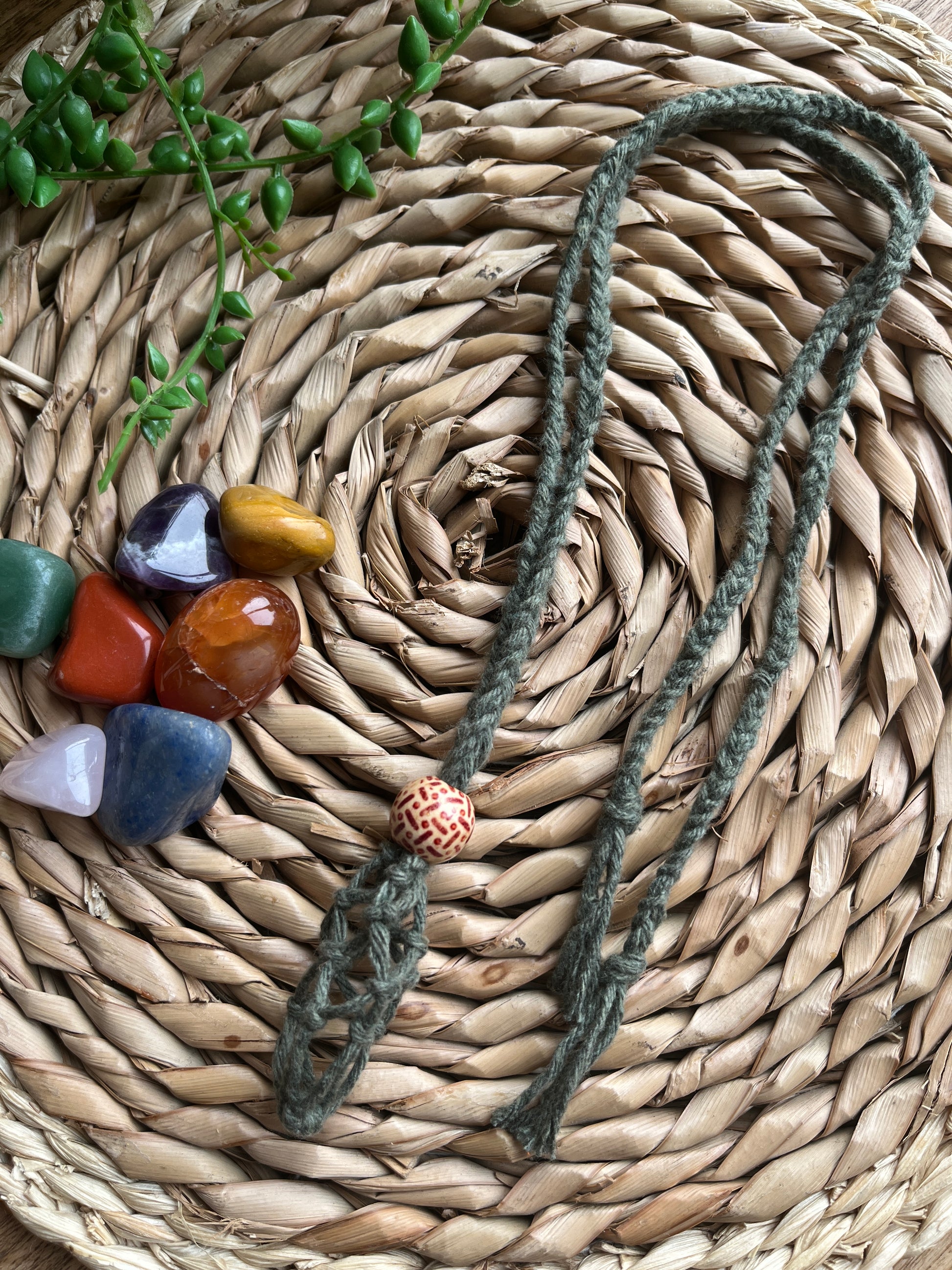 Macrame Gemstone Holder empty net pouch made with eco friendly recycled cotton and a Wooden bead