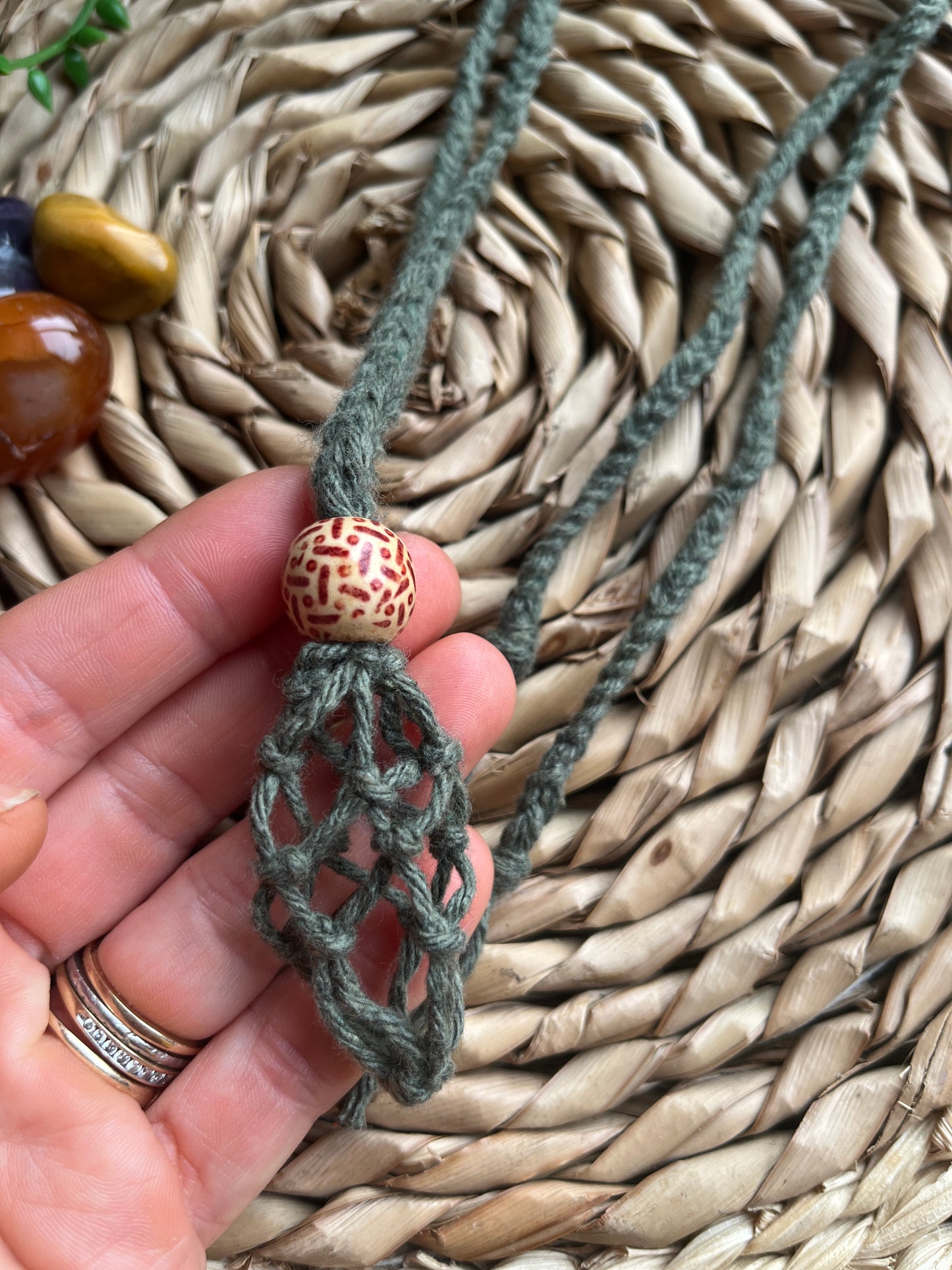 Macrame Gemstone Holder empty net pouch made with eco friendly recycled cotton and a Wooden bead