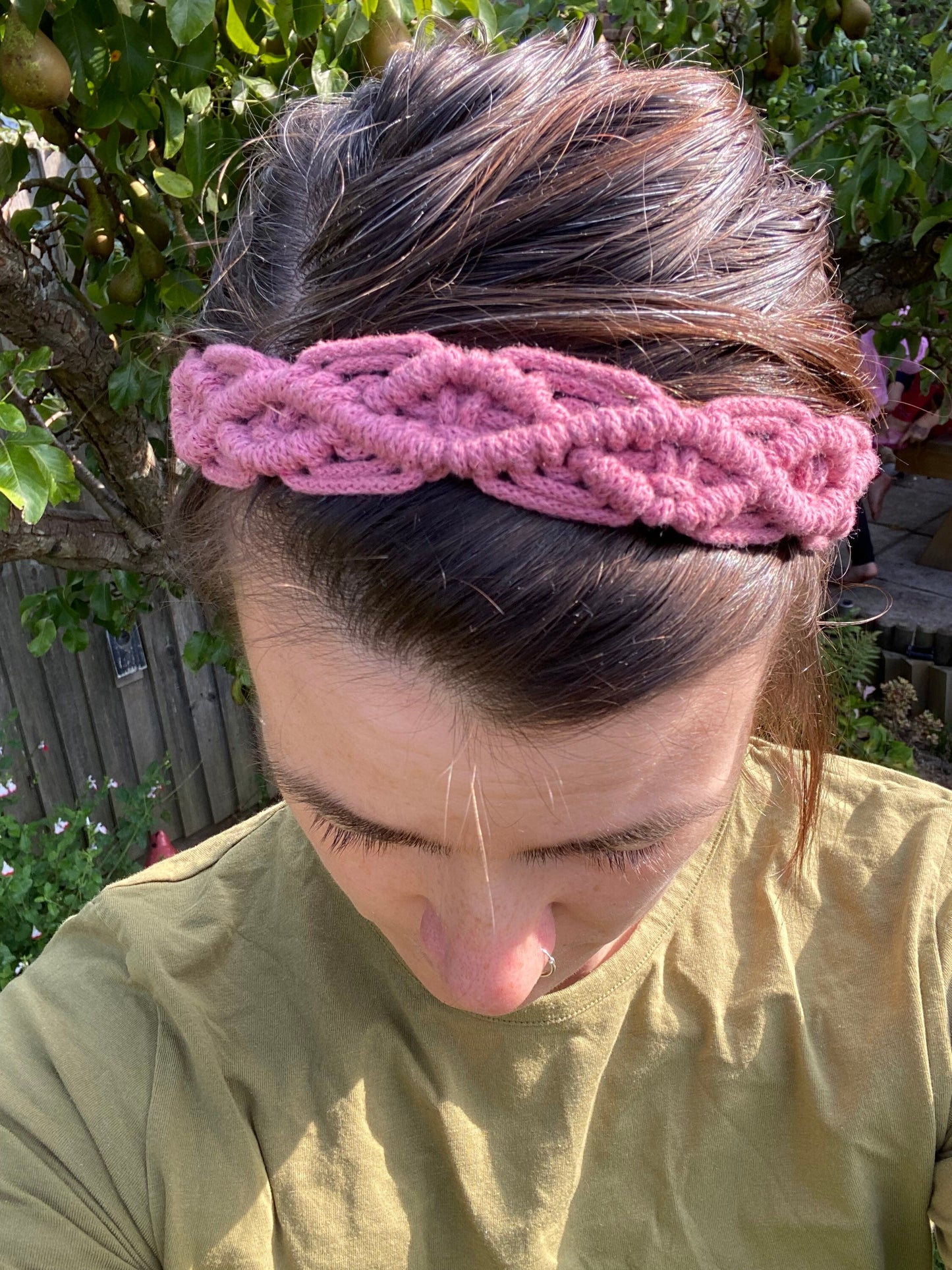 Macra-Made With Love knotted headband pink top down on head