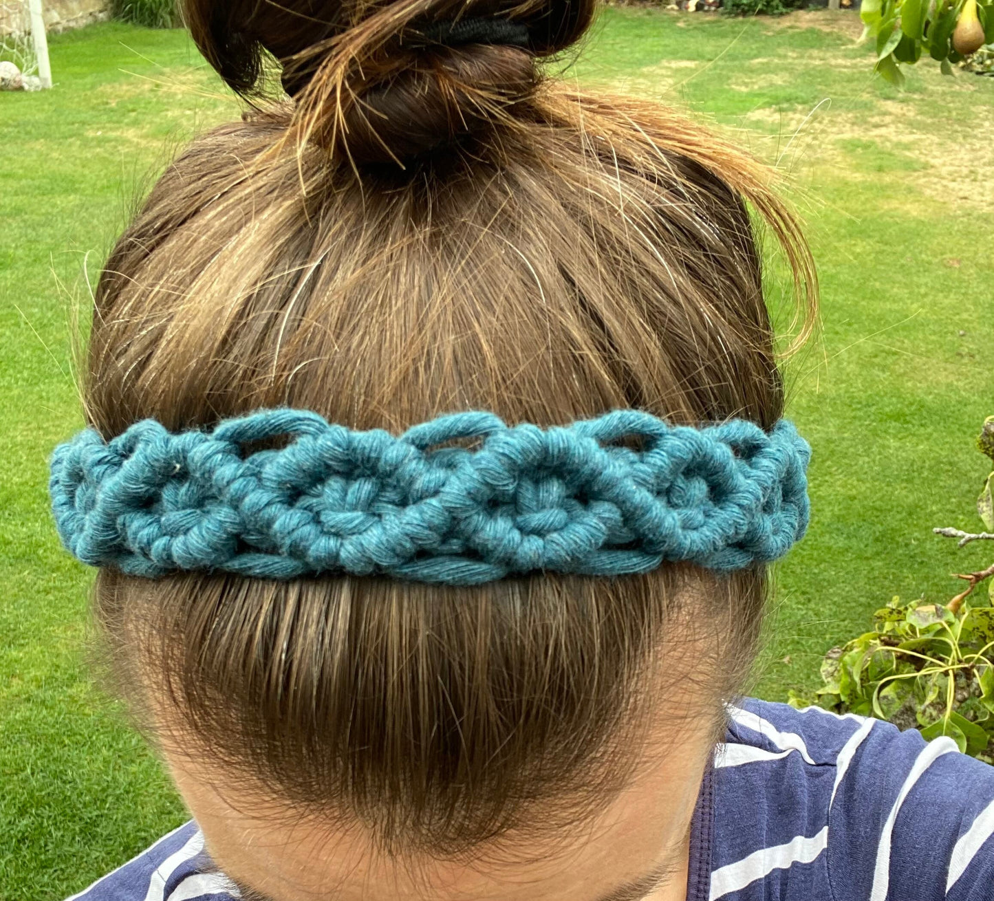 Macra-Made With Love knotted headband peacock blue top down on head