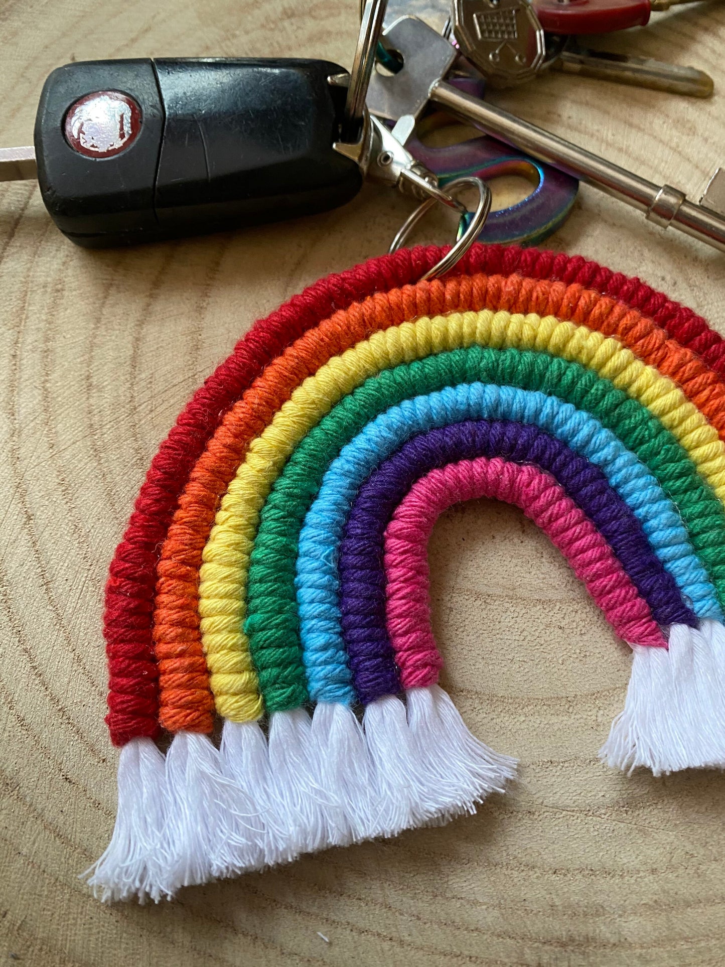 Macra-Made With Love XL rainbow keyring flat with keys angle