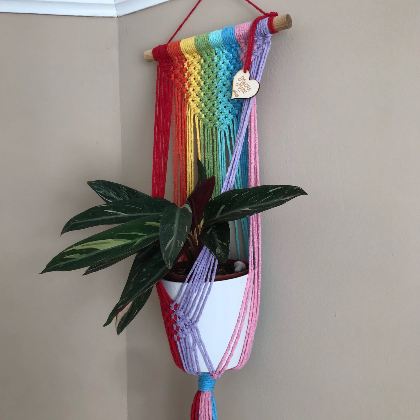 Macra-Made With Love large rainbow macrame plant hanger side focus
