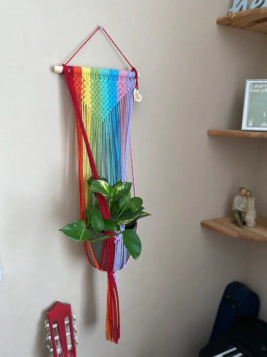 Macra-Made With Love large rainbow macrame plant hanger focus