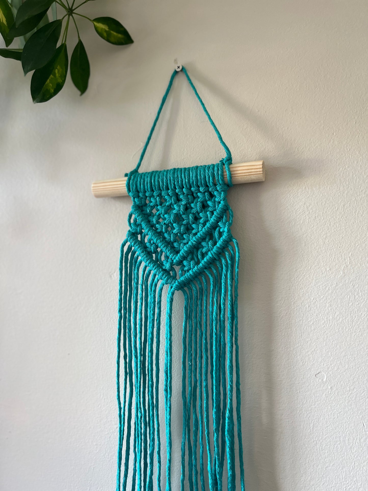 Blue macrame wall hanging on a white wall with a plant in the corner.