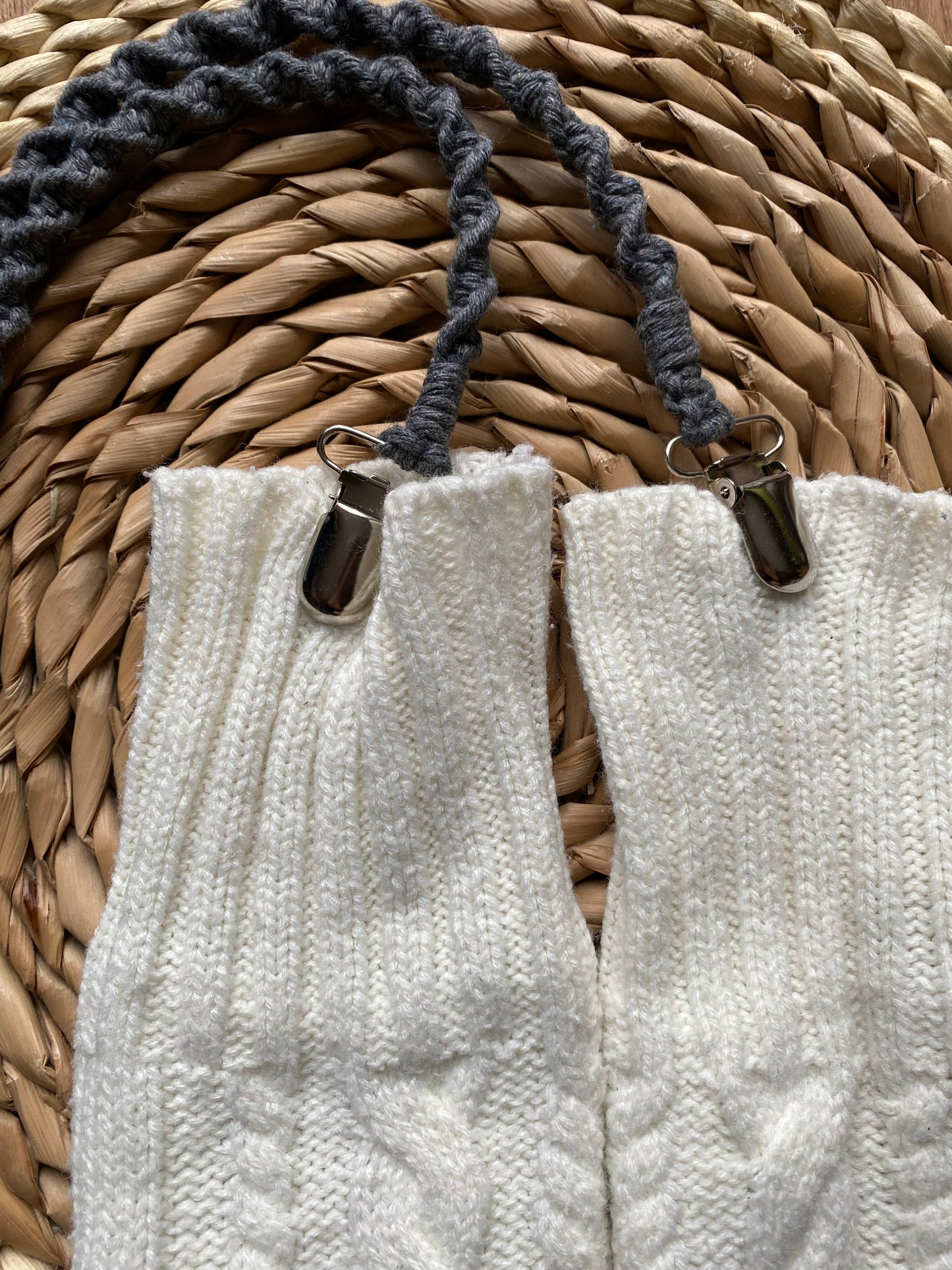 Grey eco-friendly long mitten clips attached to white mittens - 190cm handmade winter accessory by Macra-Made With Love