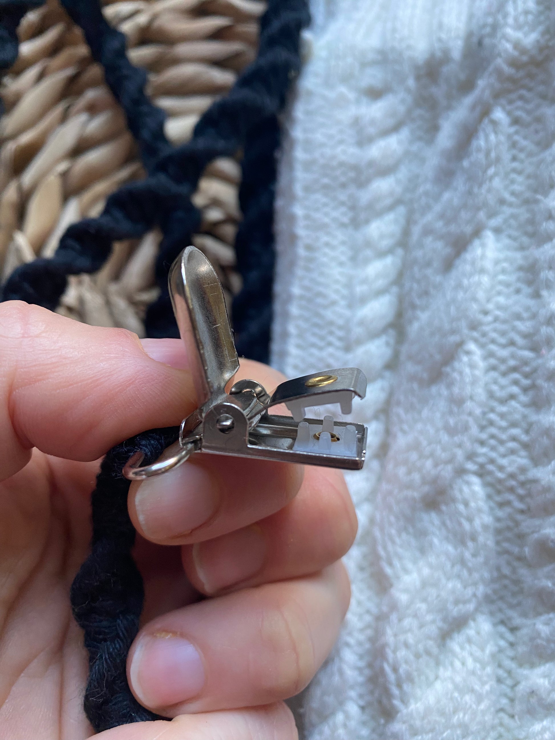 Detailed view of crocodile clip on handmade eco-friendly long mitten clips - secure fastening for winter mittens and gloves