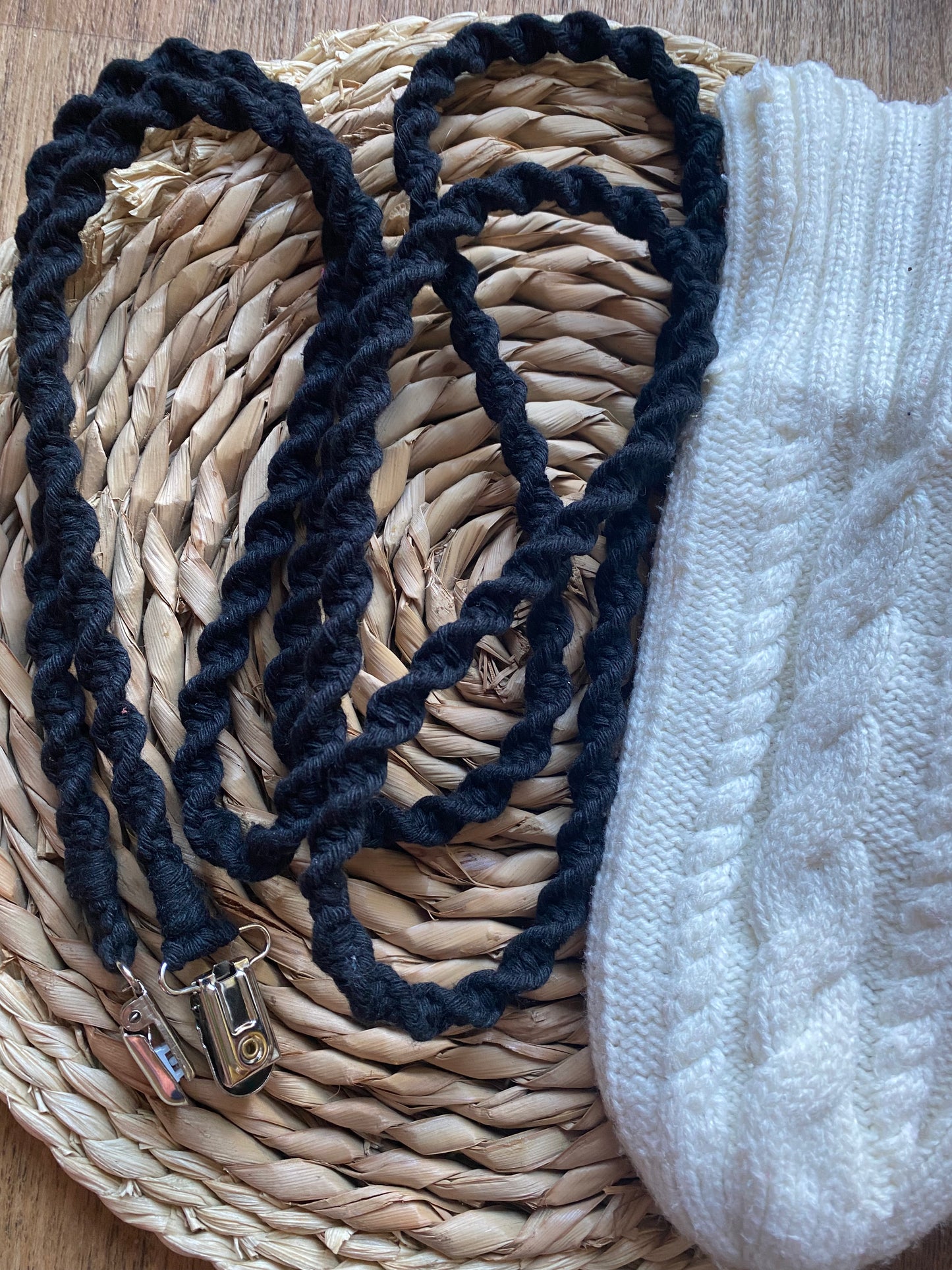 Black eco-friendly long mitten clips (190cm) displayed next to mittens - showing size comparison of handmade winter accessory