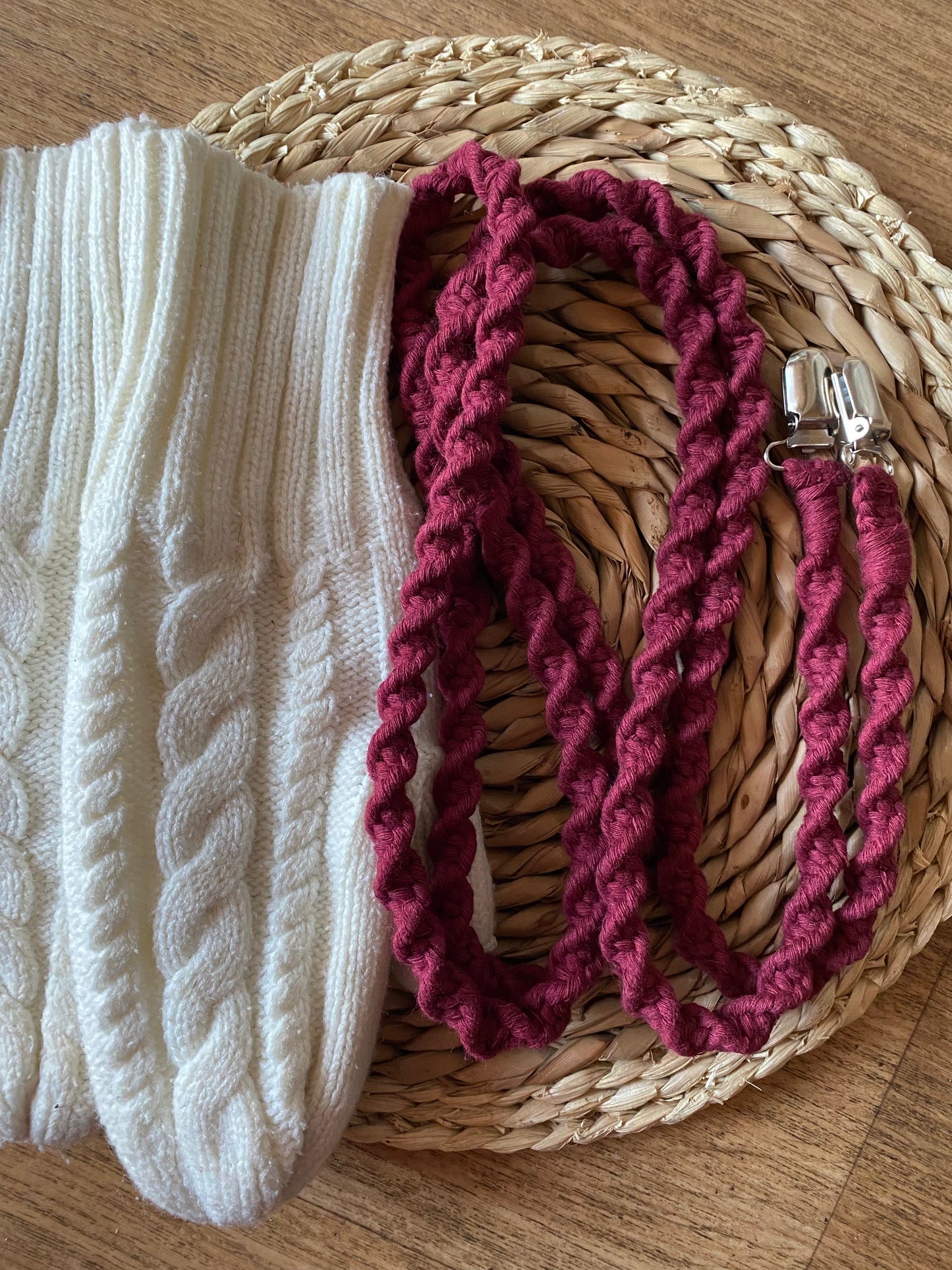 Deep burgundy red eco-friendly long mitten clips (190cm) displayed next to mittens - showing size comparison of handmade winter accessory