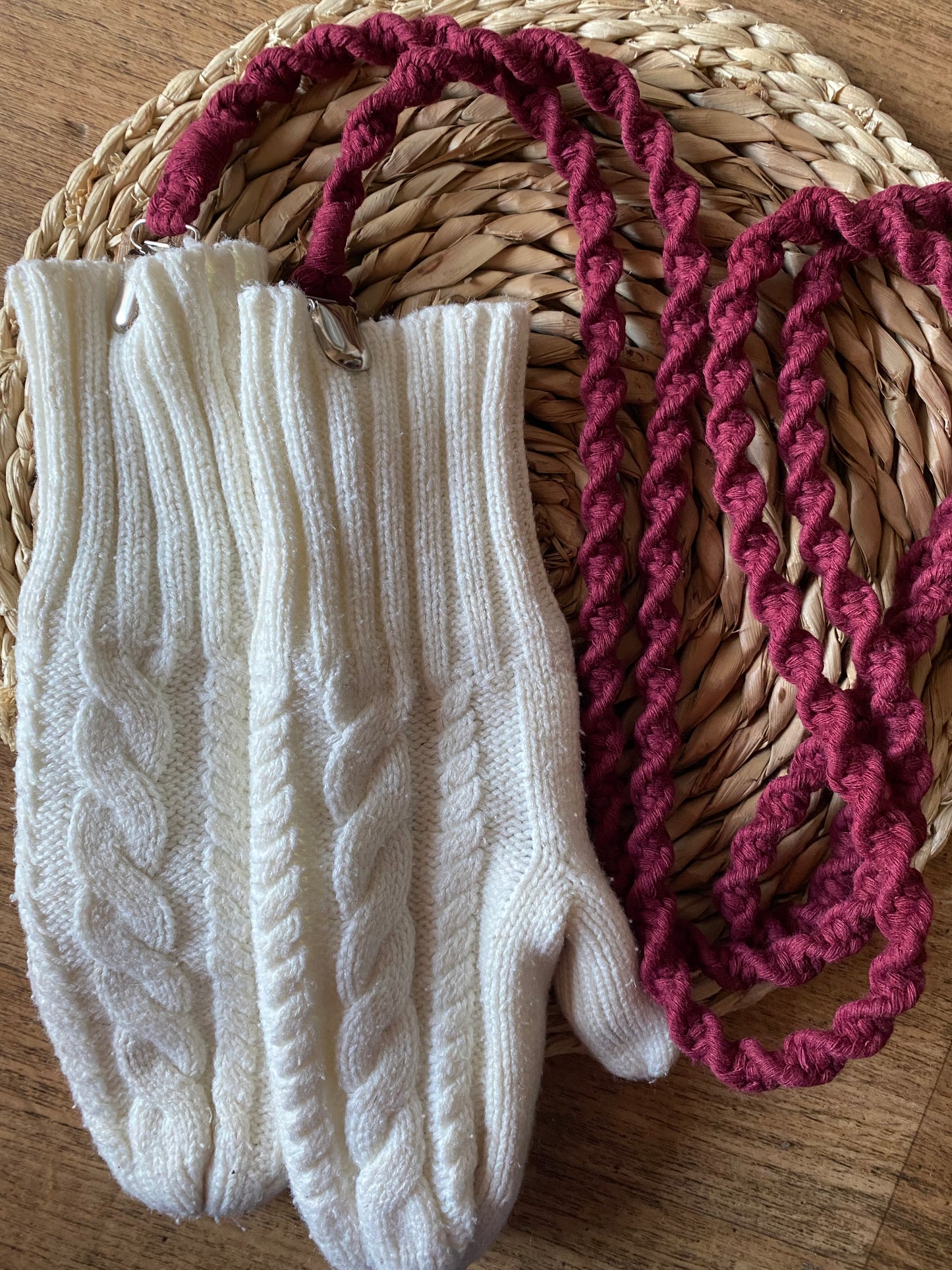 Full-length view of 190cm deep red eco-friendly long mitten clips laid flat - showing entire handmade sustainable winter accessory