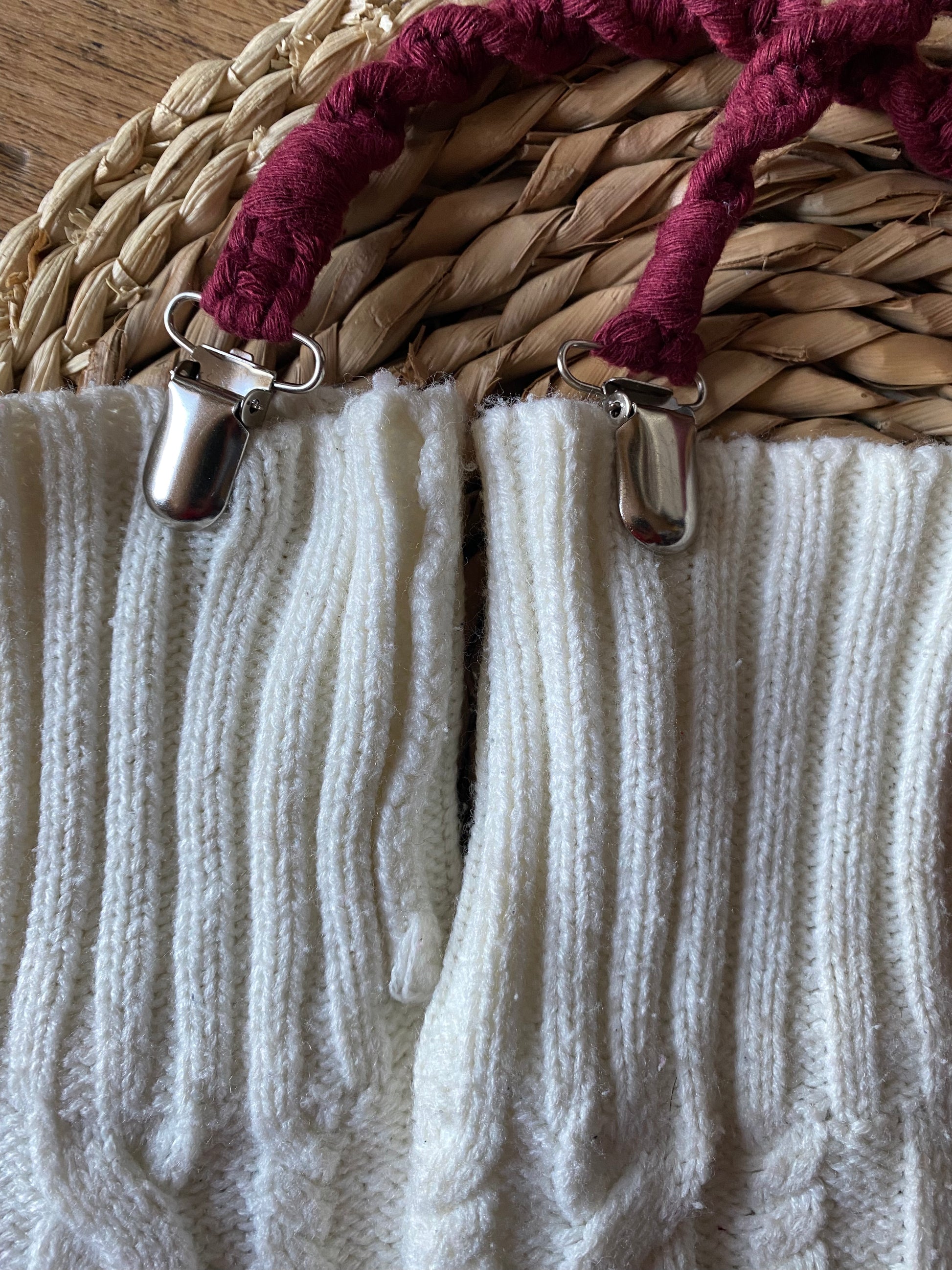 Close-up of secure metal clasps on deep red eco-friendly long mitten clips - handmade with recycled materials by Macra-Made With Love