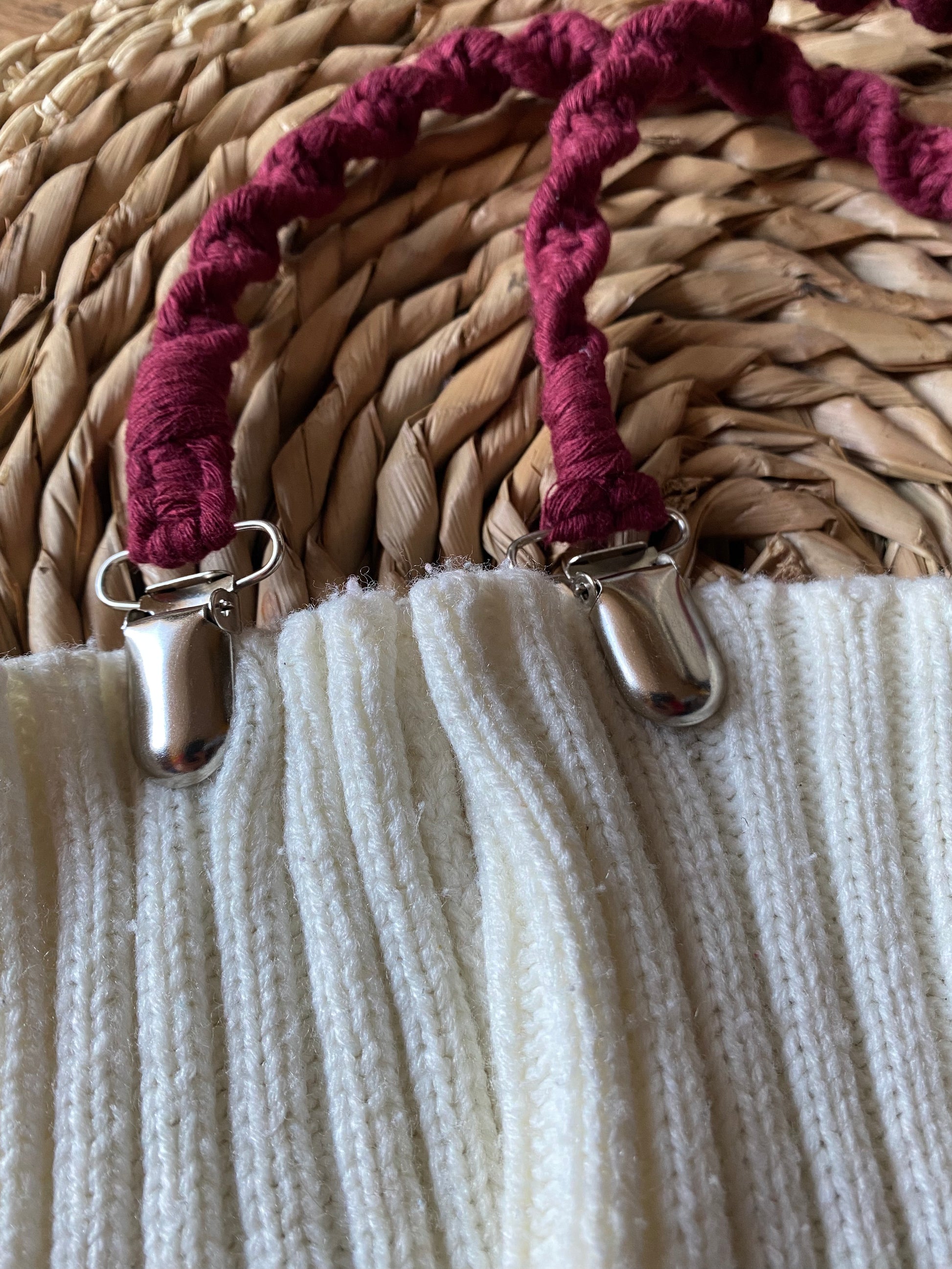 Close-up of secure metal clasps on deep red eco-friendly long mitten clips - handmade with recycled materials by Macra-Made With Love