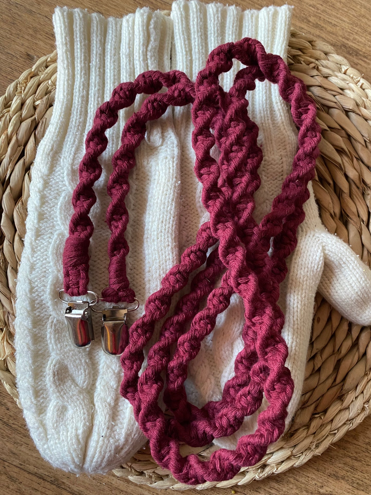 Deep red eco-friendly long mitten clips laid flat on mittens - 190cm handmade winter accessory by Macra-Made With Love