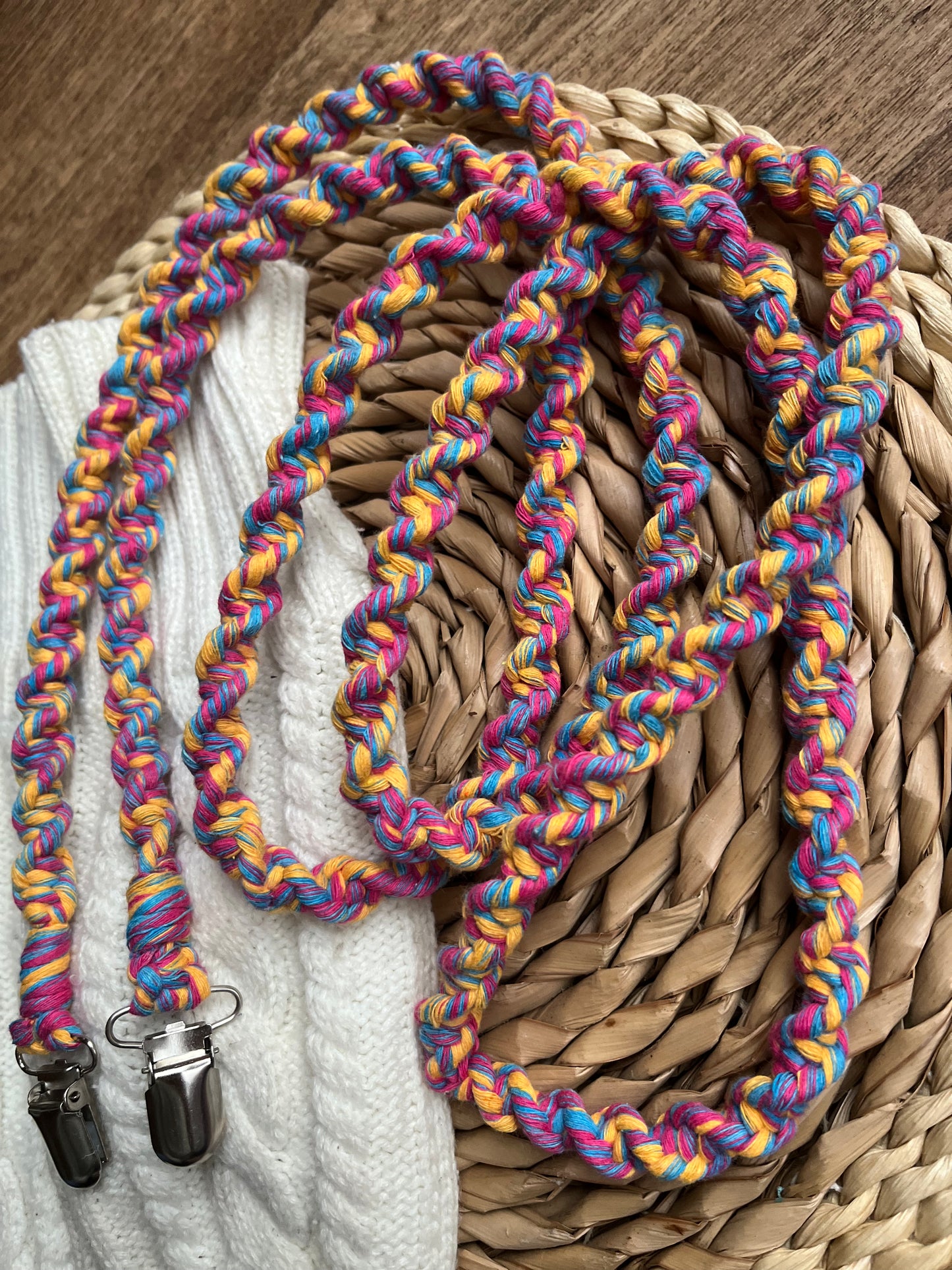 Full-length view of 190cm multicoloured eco-friendly long mitten clips laid flat - showing entire handmade sustainable winter accessory