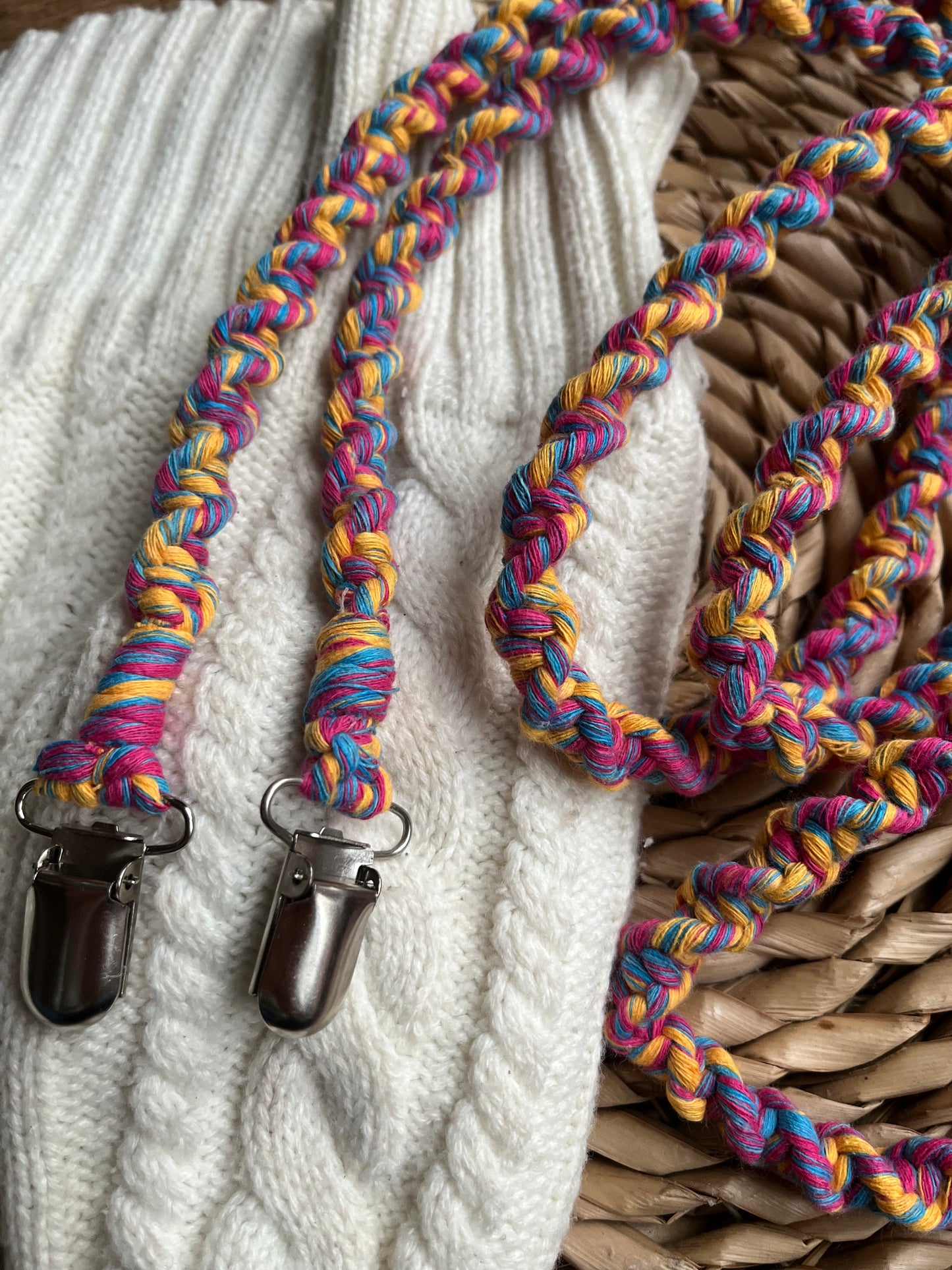Close-up of secure metal clasps on multicoloured eco-friendly long mitten clips - handmade with recycled materials by Macra-Made With Love