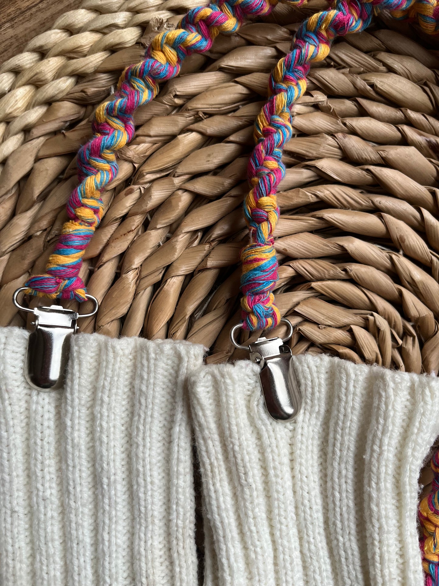 Close-up of secure metal clasps on multicoloured eco-friendly long mitten clips - handmade with recycled materials by Macra-Made With Love