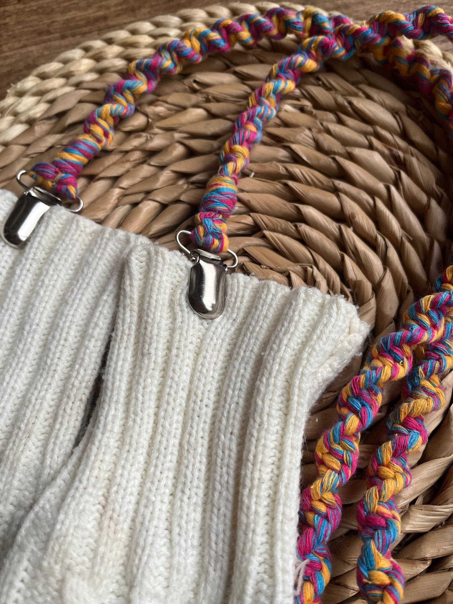 Close-up of secure metal clasps on multicoloured eco-friendly long mitten clips - handmade with recycled materials by Macra-Made With Love