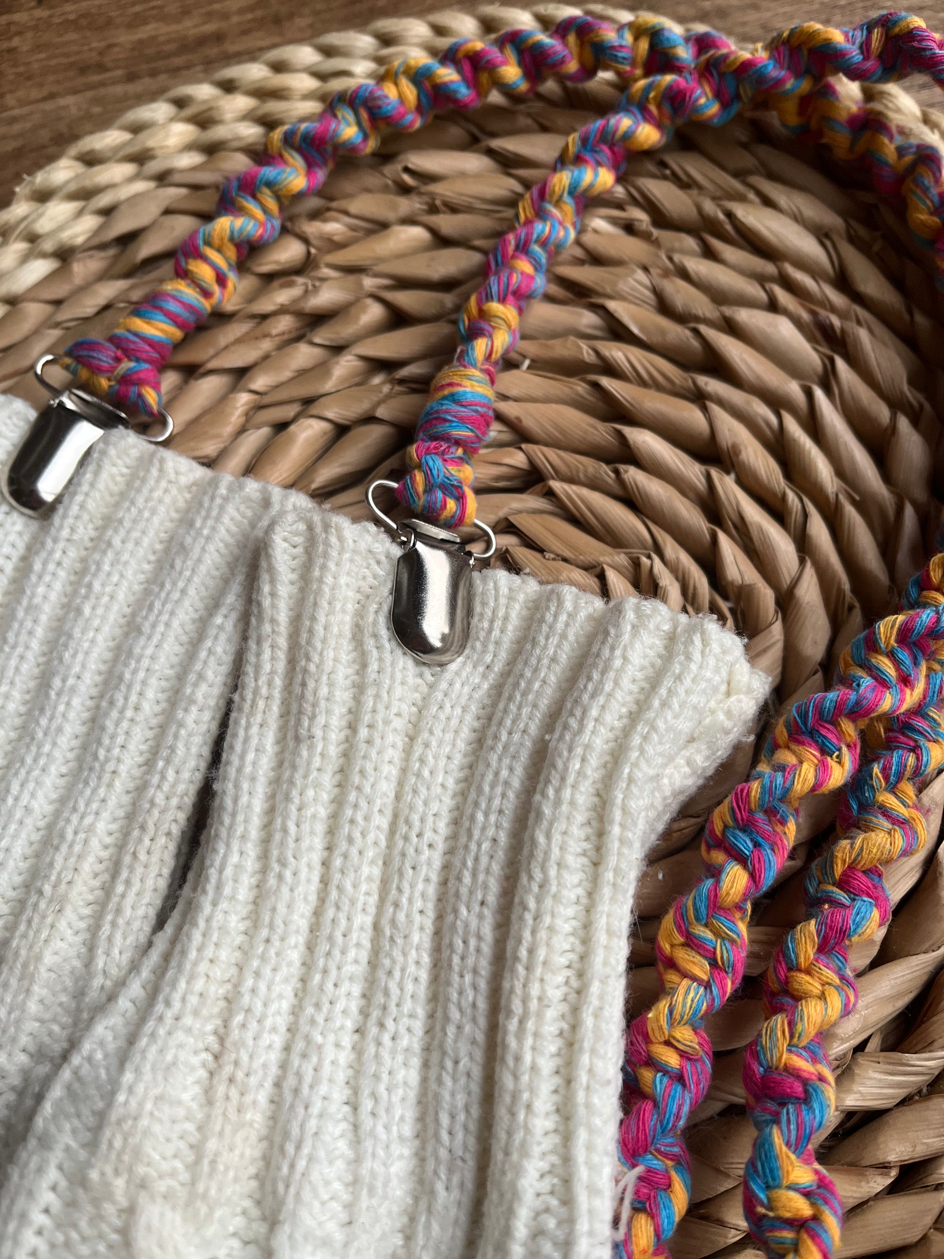 Close-up of secure metal clasps on multicoloured eco-friendly long mitten clips - handmade with recycled materials by Macra-Made With Love