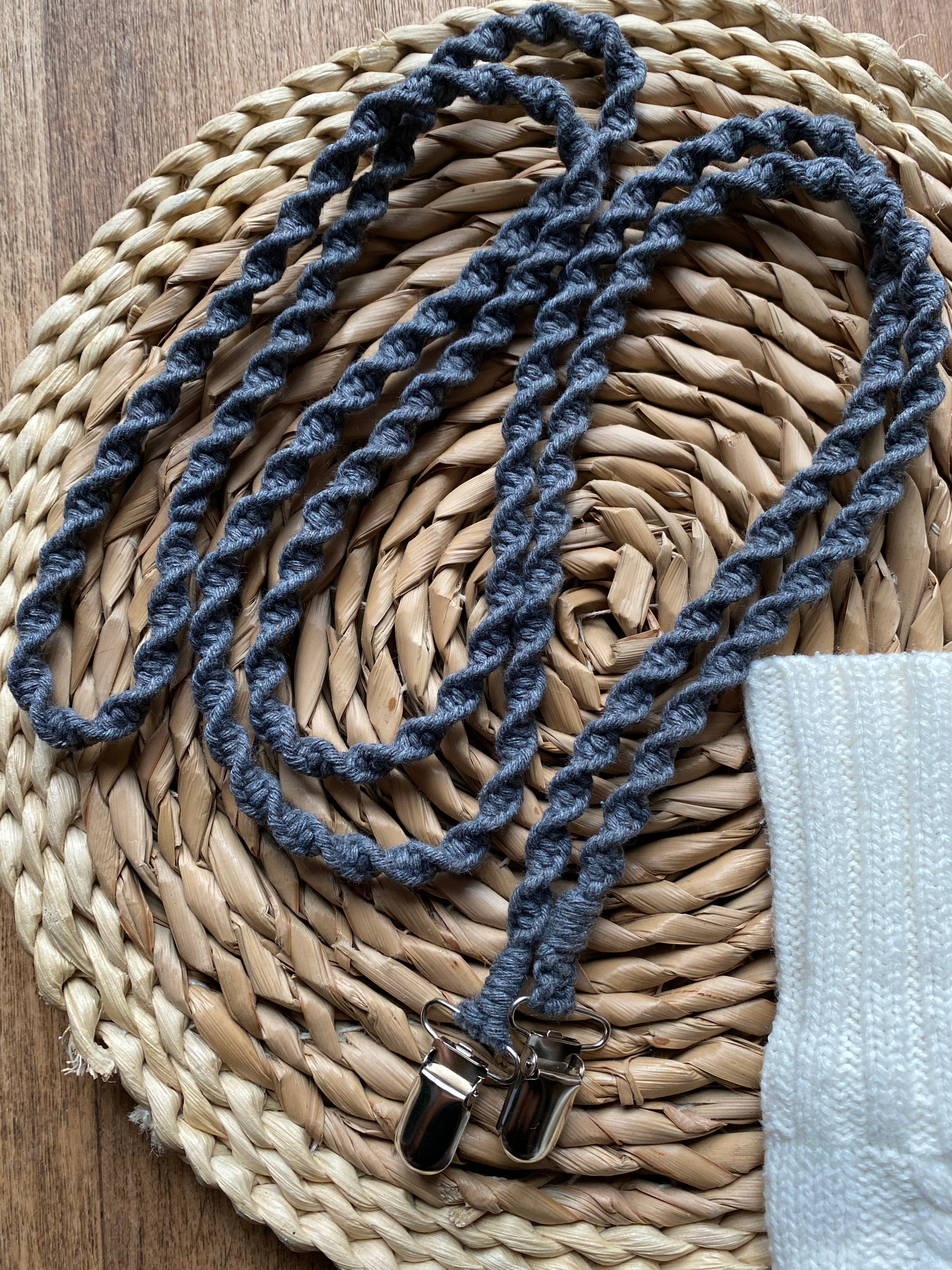 Full-length view of 190cm grey eco-friendly long mitten clips laid flat - showing entire handmade sustainable winter accessory