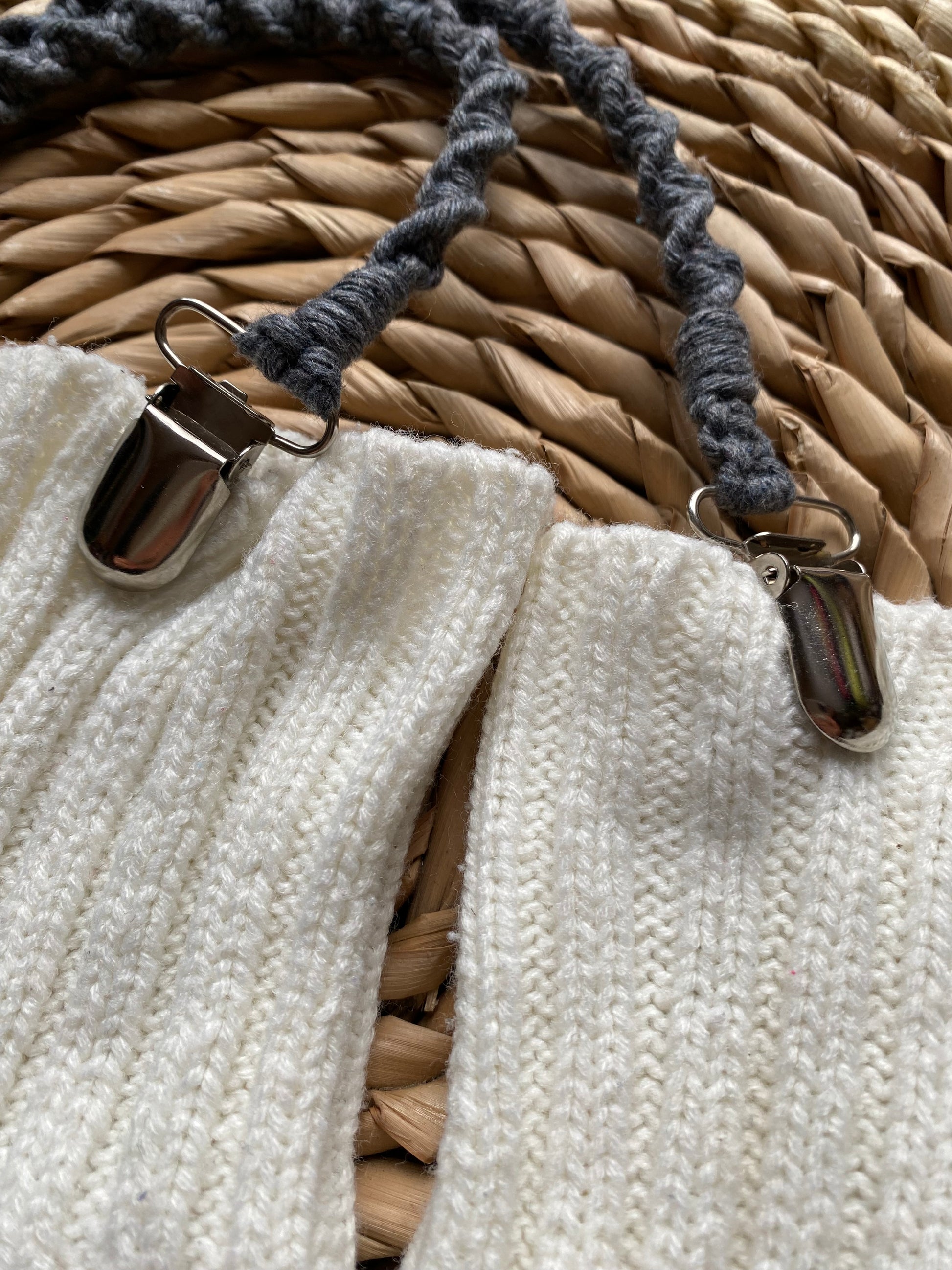 Close-up of secure metal clasps on grey eco-friendly long mitten clips - handmade with recycled materials by Macra-Made With Love