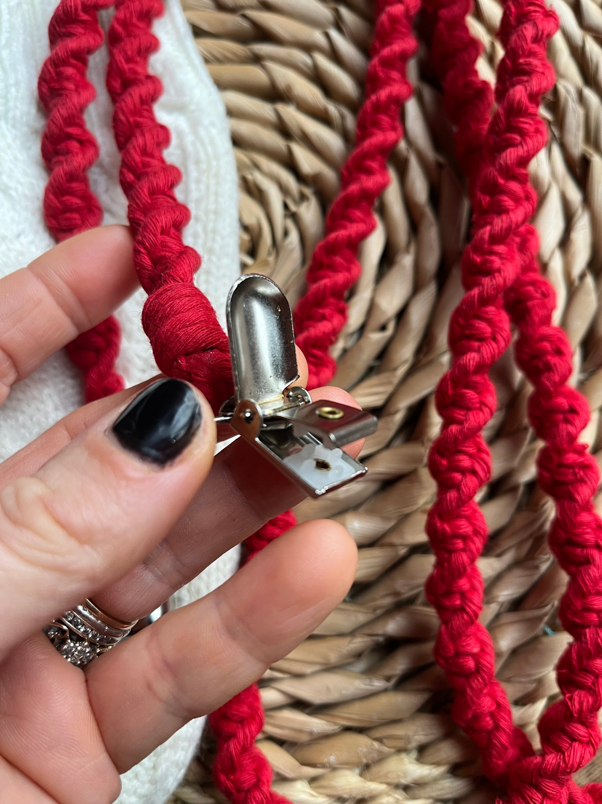 Detailed view of crocodile clip on handmade eco-friendly long mitten clips - secure fastening for winter mittens and gloves