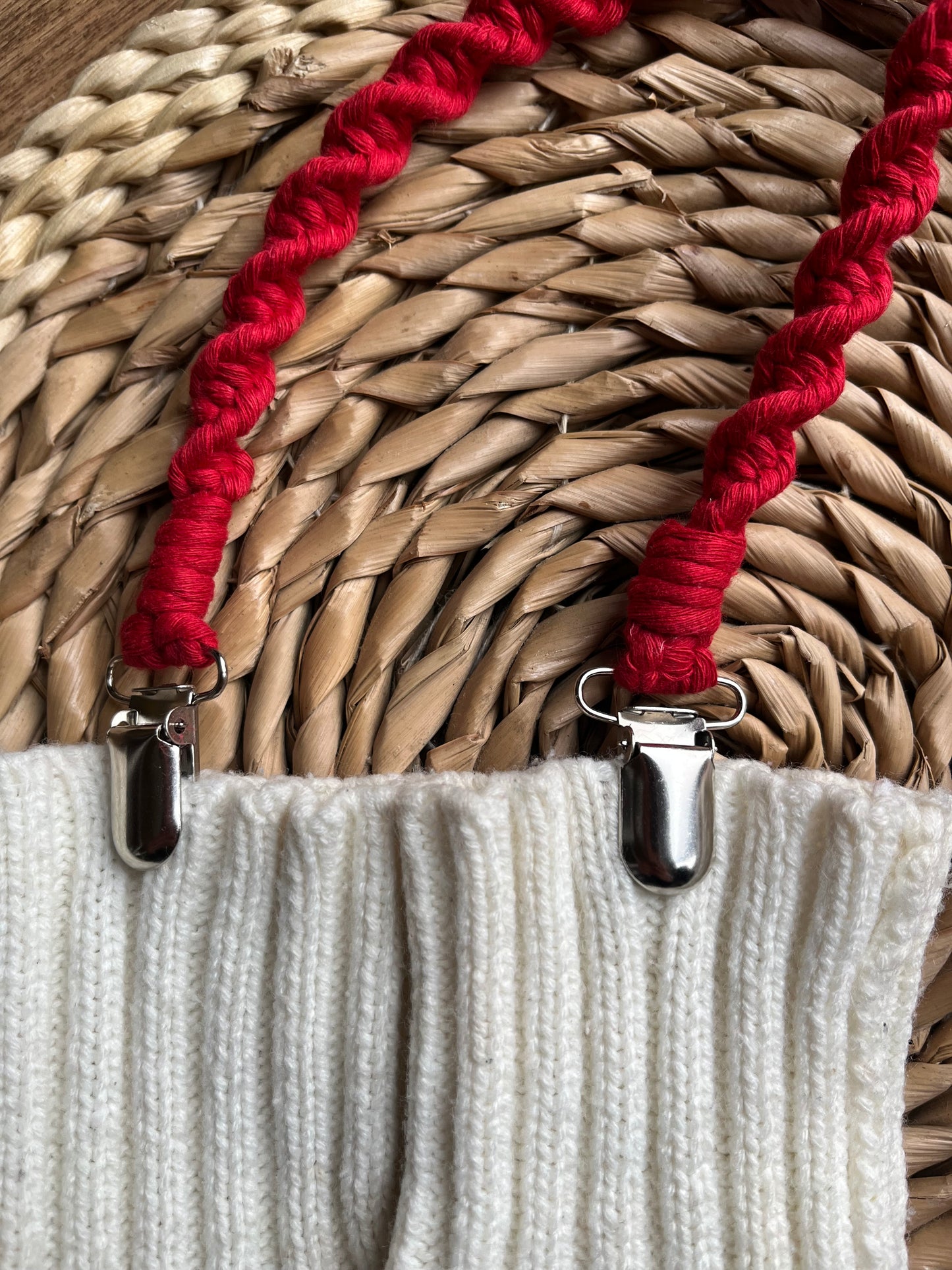 Close-up of secure metal clasps on bright red eco-friendly long mitten clips - handmade with recycled materials by Macra-Made With Love